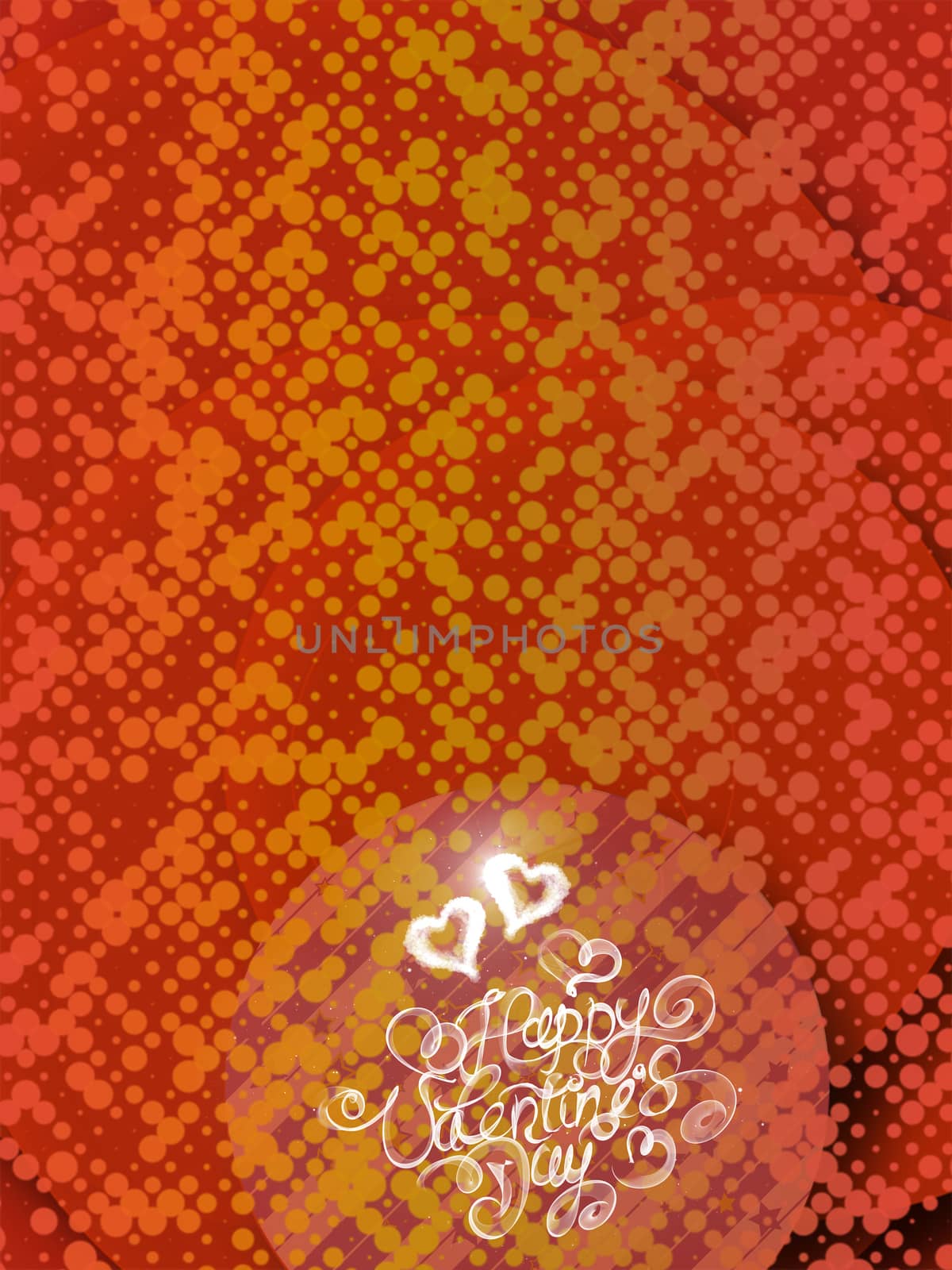 Happy Valentines day vintage lettering written by fire or smoke over red abstract background full of circles.