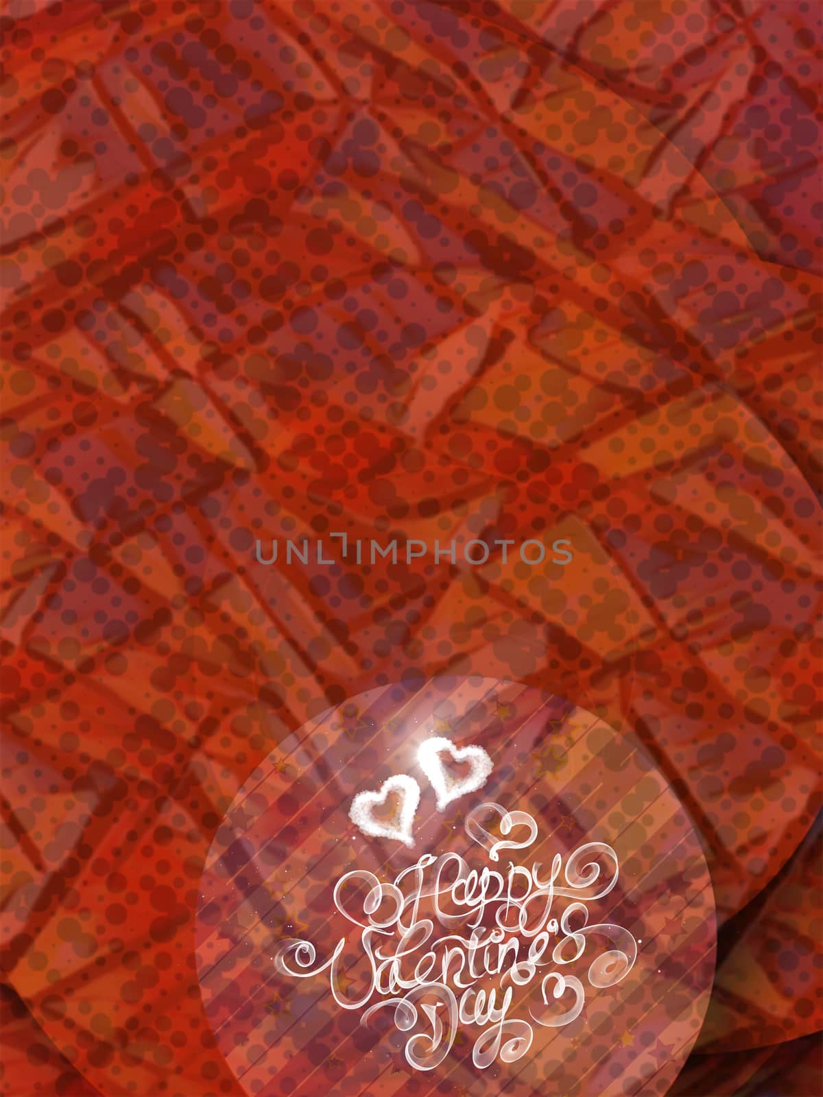 Happy Valentines day vintage lettering written by fire or smoke over red abstract background full of circles.