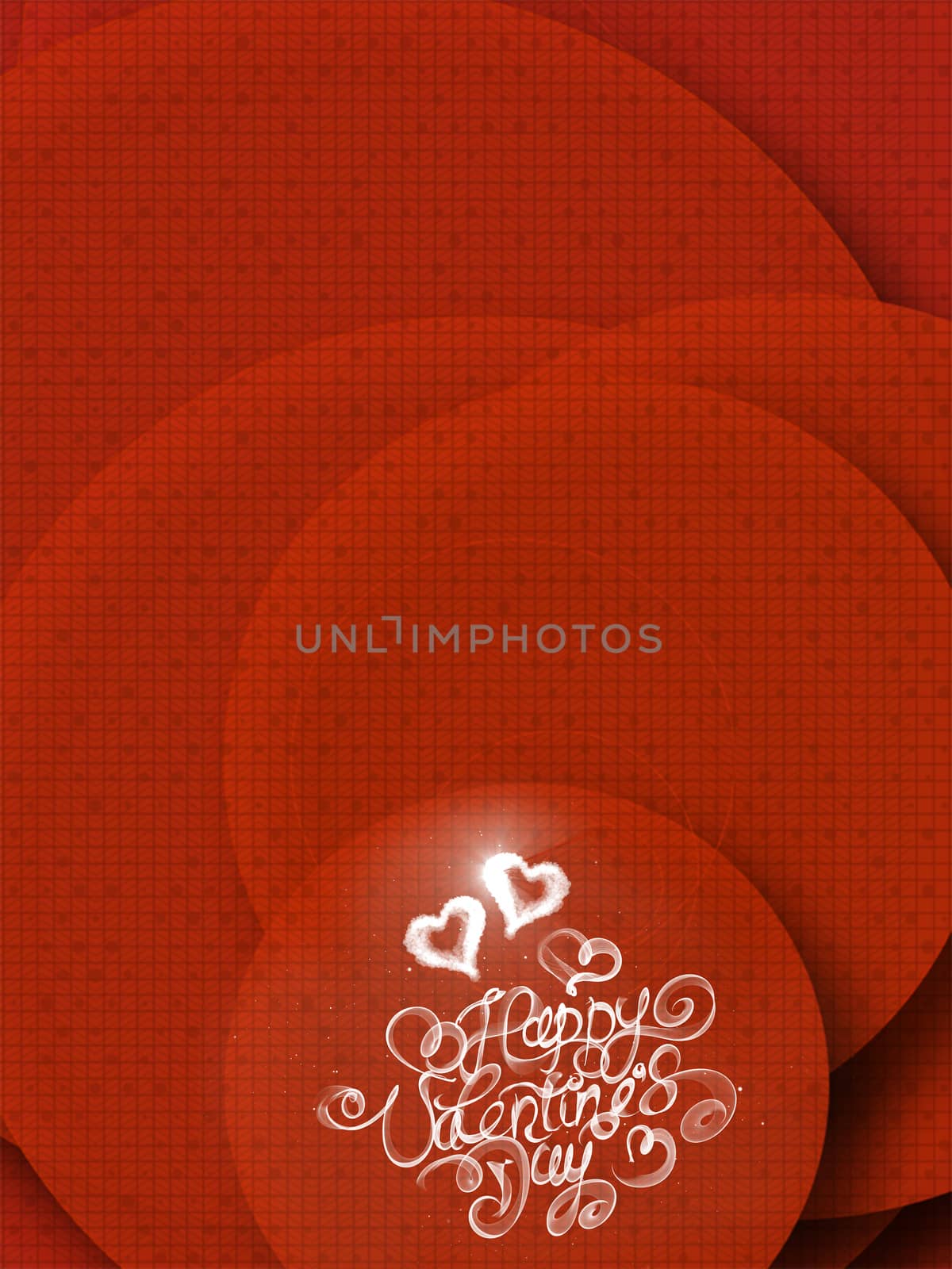 Happy Valentines day vintage lettering written by fire or smoke over red abstract background full of circles.