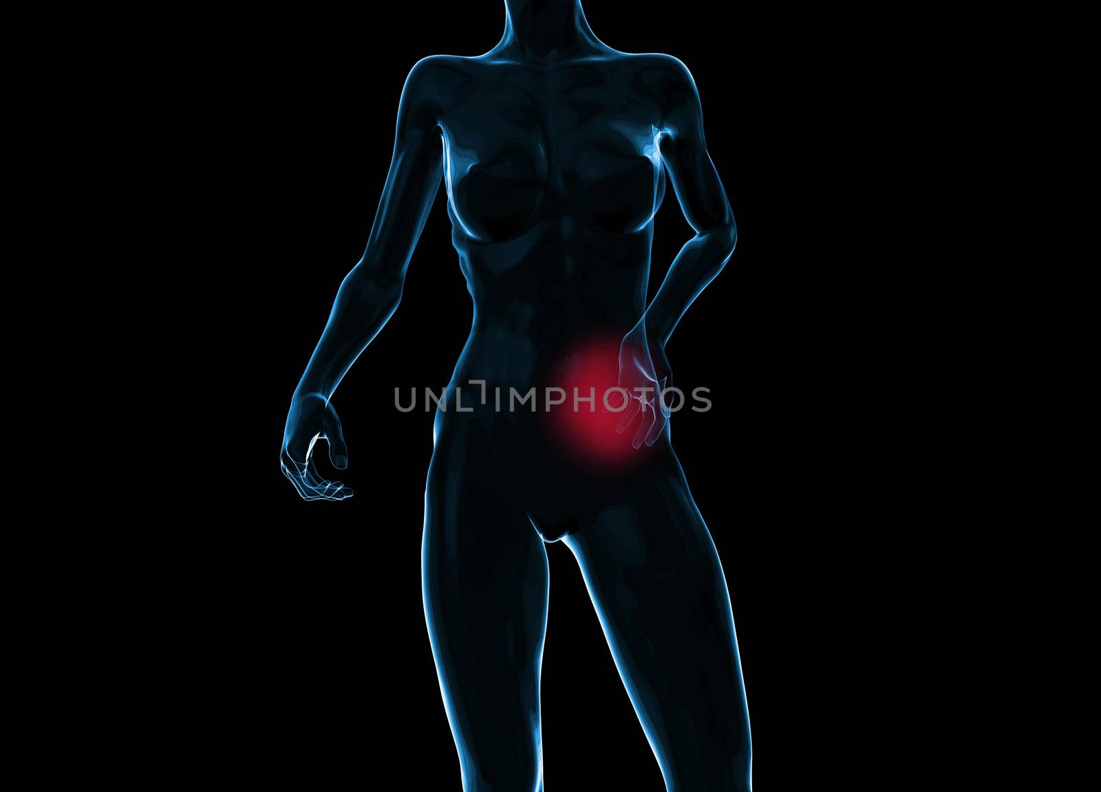 Female woman torso made of glass or bubble, pain in the back isolated on black background. 3d rendered medical illustration by skrotov