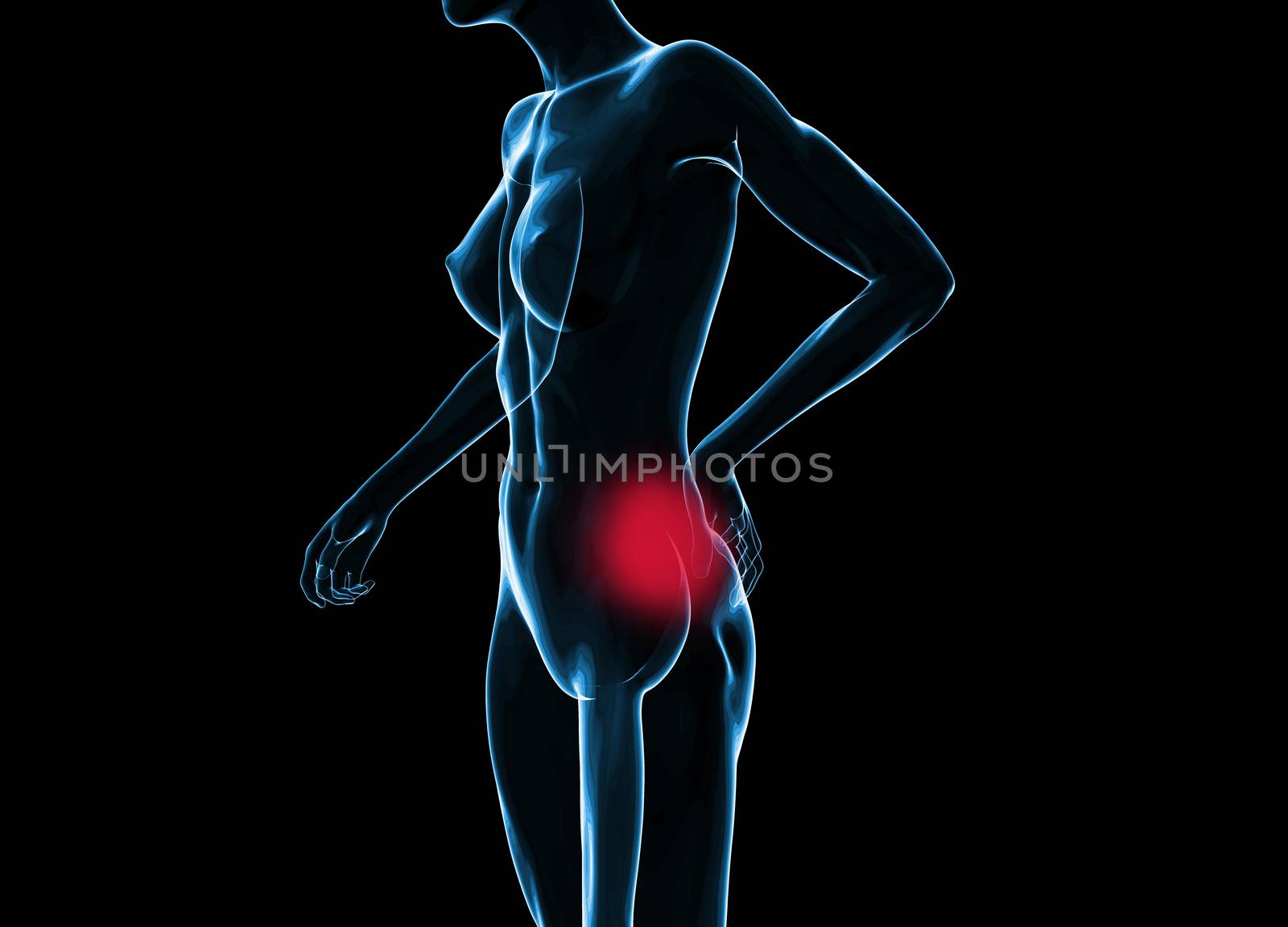 Female woman torso made of glass or bubble, pain in the back isolated on black background. 3d rendered medical illustration.