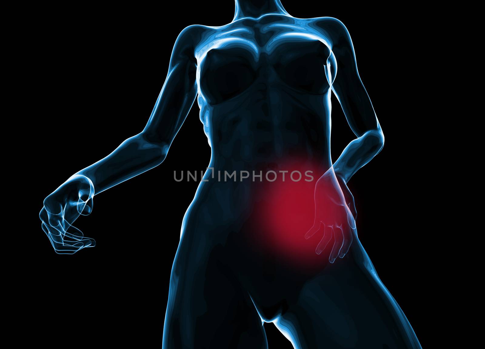 Female woman torso made of glass or bubble, pain in the back isolated on black background. 3d rendered medical illustration by skrotov