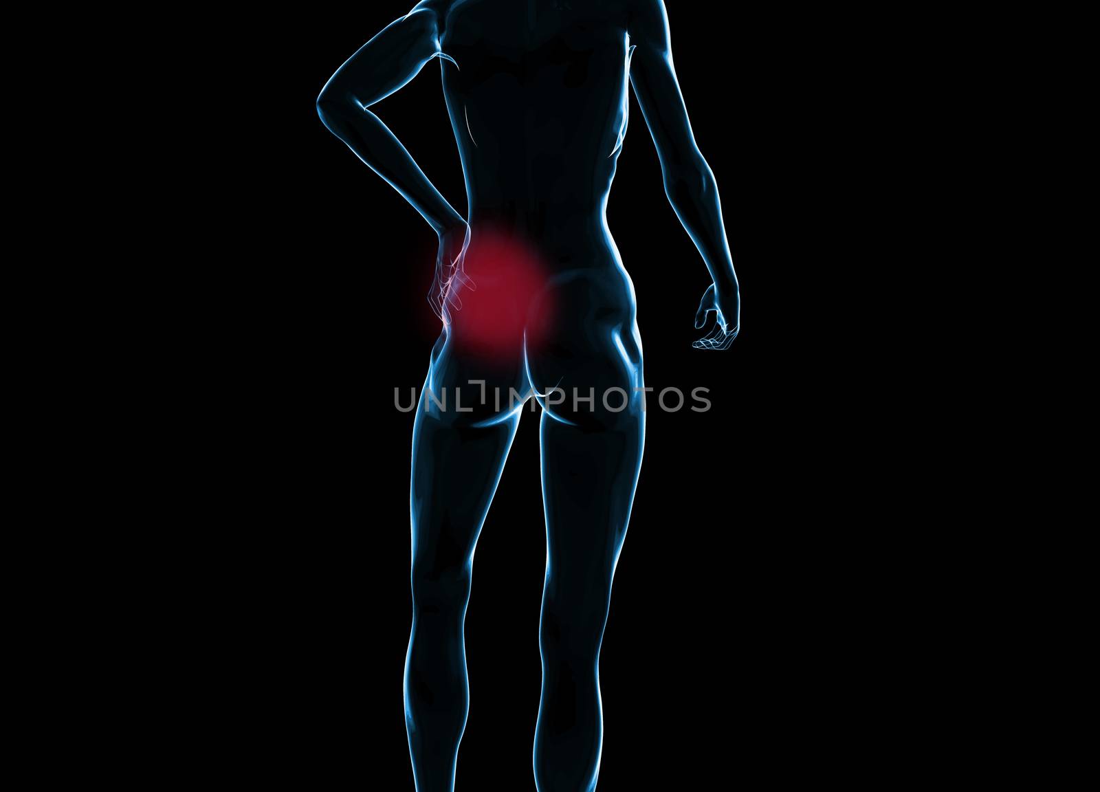 Female woman torso made of glass or bubble, pain in the back isolated on black background. 3d rendered medical illustration.