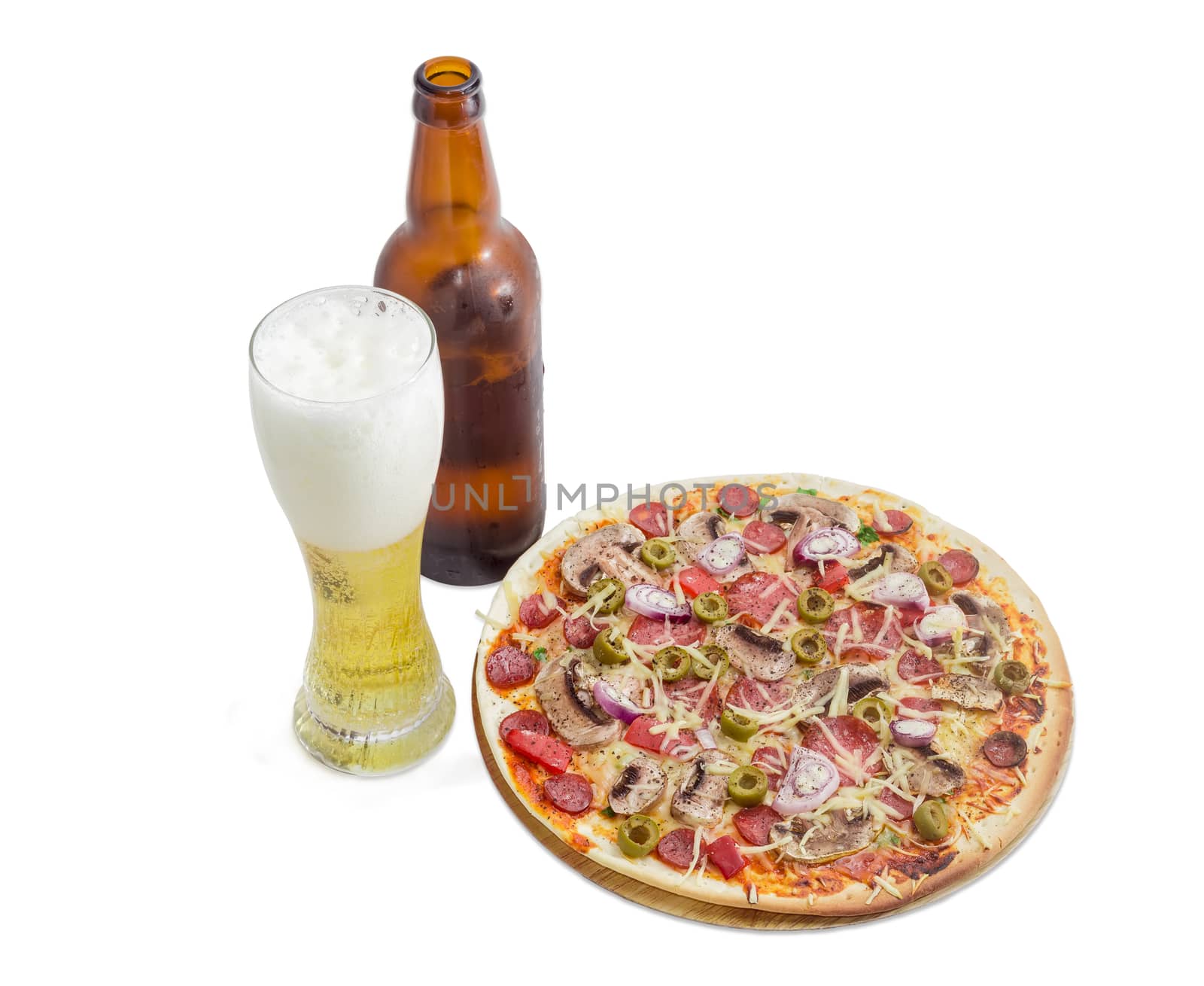 Pizza with sausage and lager beer on a light background by anmbph