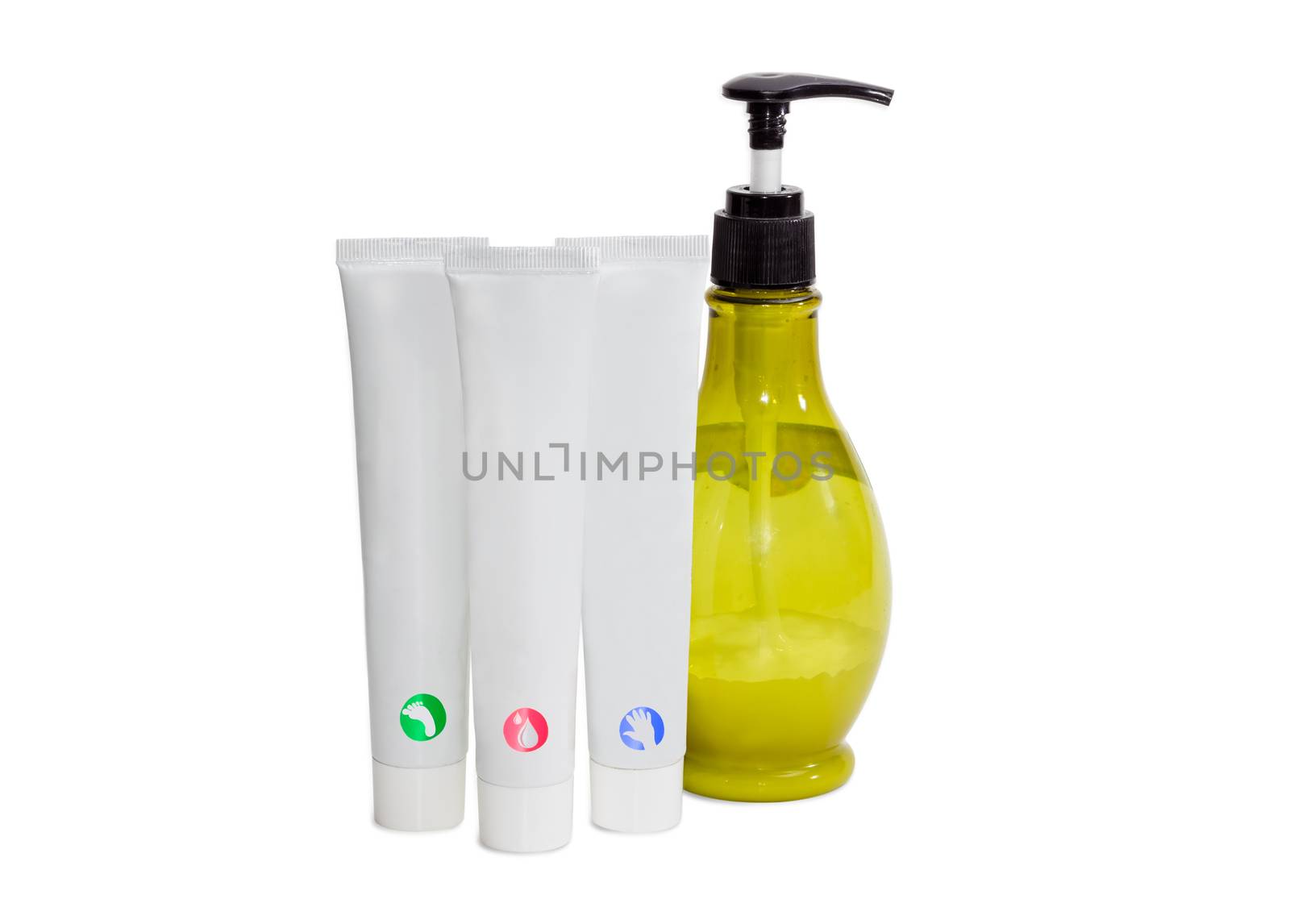 Three white tubes of moisturizer cream for skin care, cream for hand and cream for feet and bottle with cosmetics on a light background
