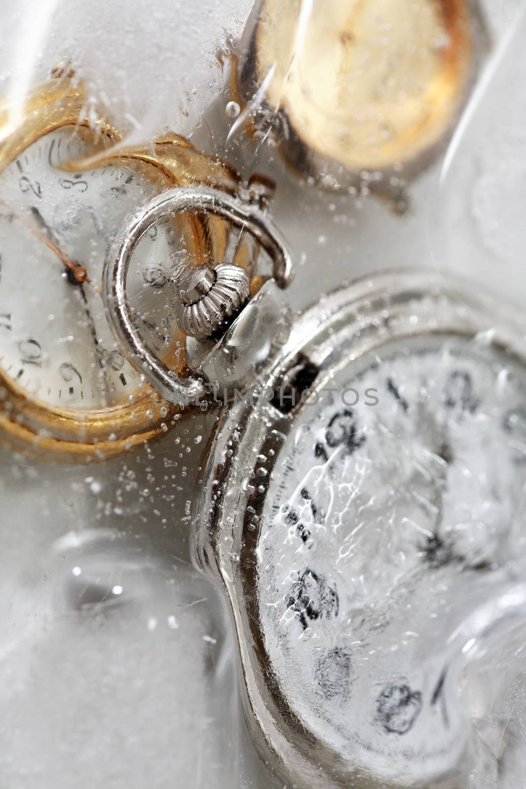 Few watches closeup under frozen water background with ice