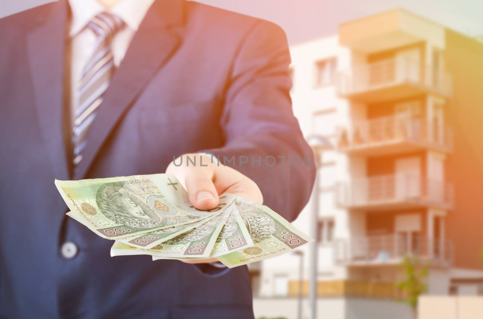 Polish businessman holds money. The loan on the house. Money loan polish pln cash banknote apartment flat concept