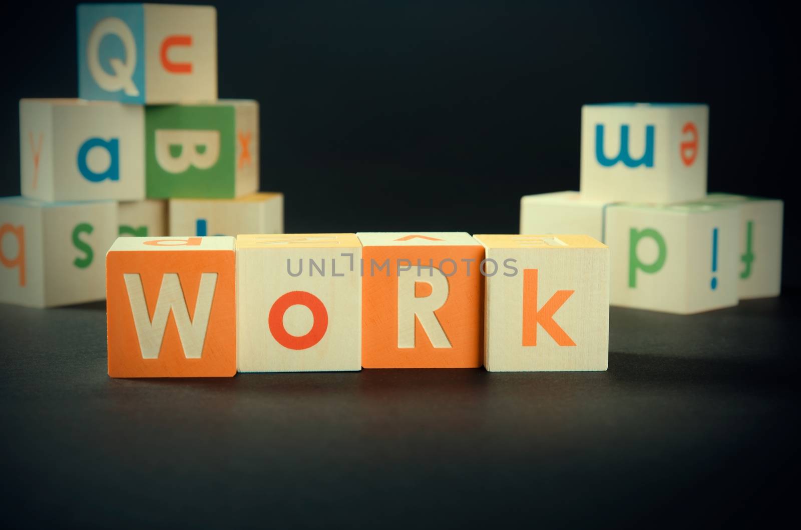 WORK word with colorful blocks. work job business leadership word cube block concept