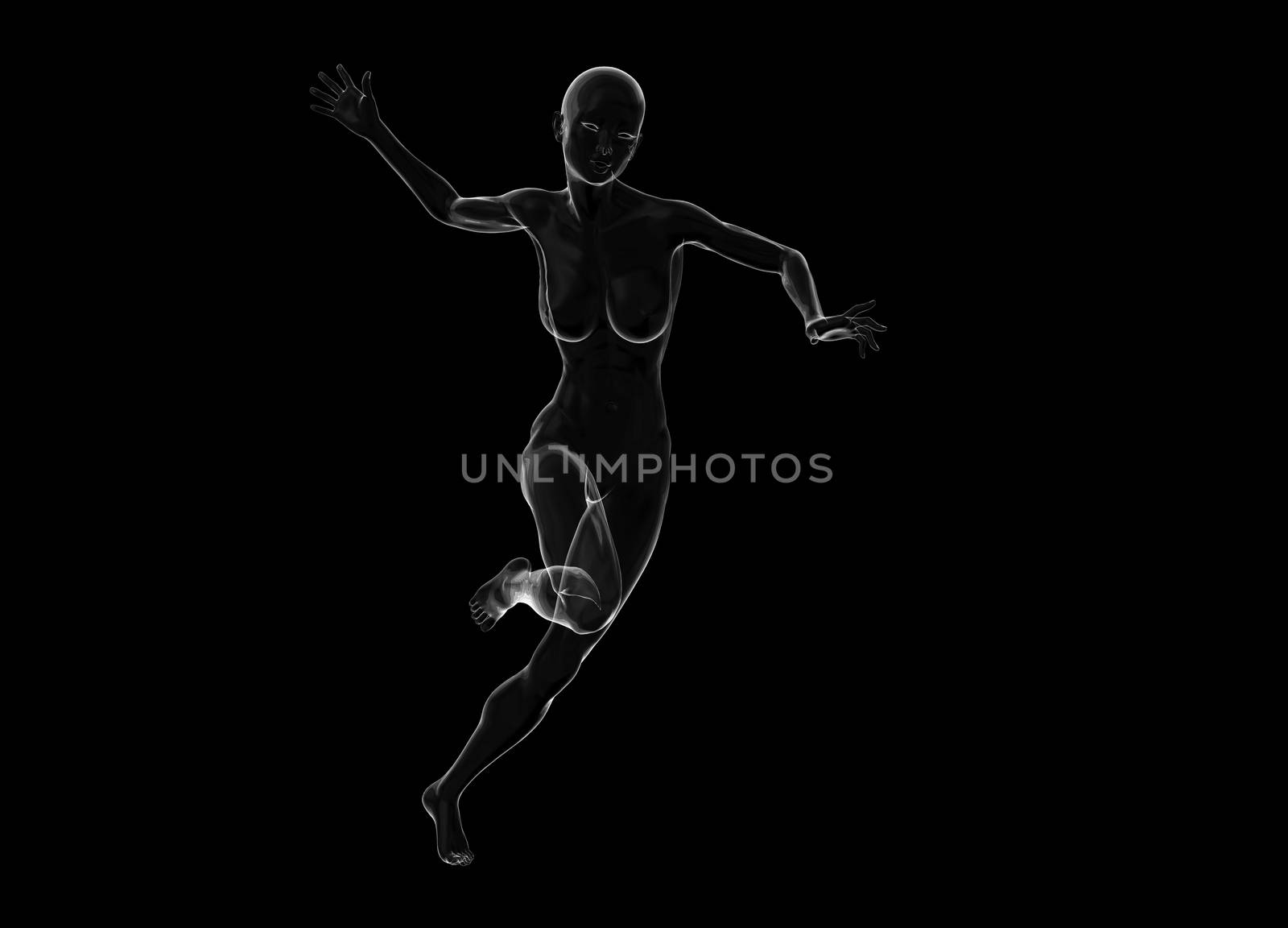 Slim attractive sportswoman made of glass or soap bubble running against a black background. 3d illustration.