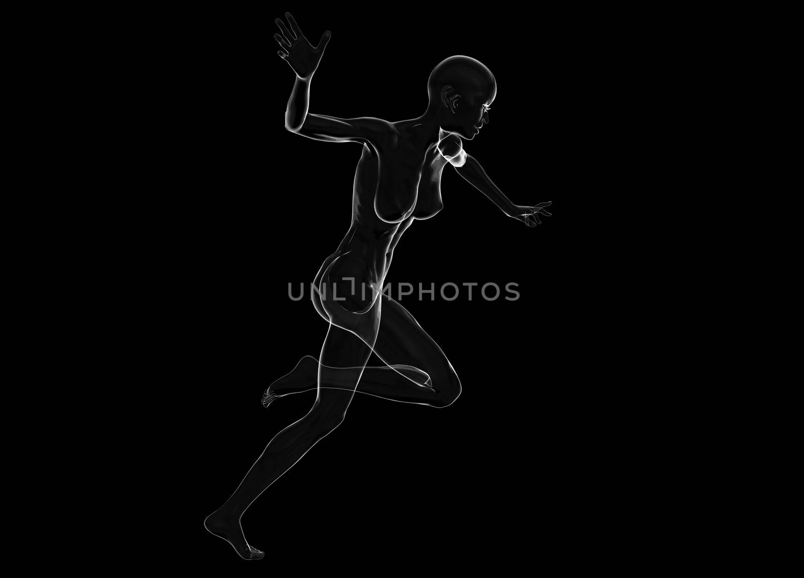 Slim attractive sportswoman made of glass or soap bubble running against a black background. 3d illustration.