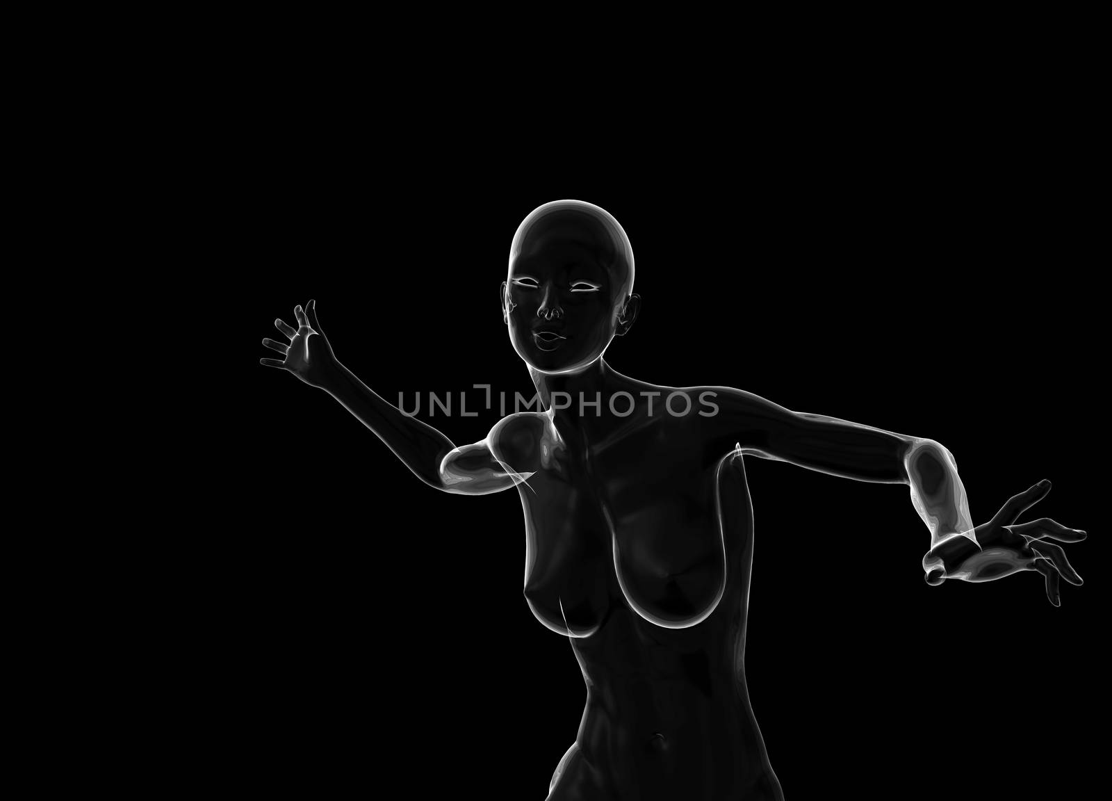 Slim attractive sportswoman made of glass or soap bubble running against a black background. 3d illustration by skrotov