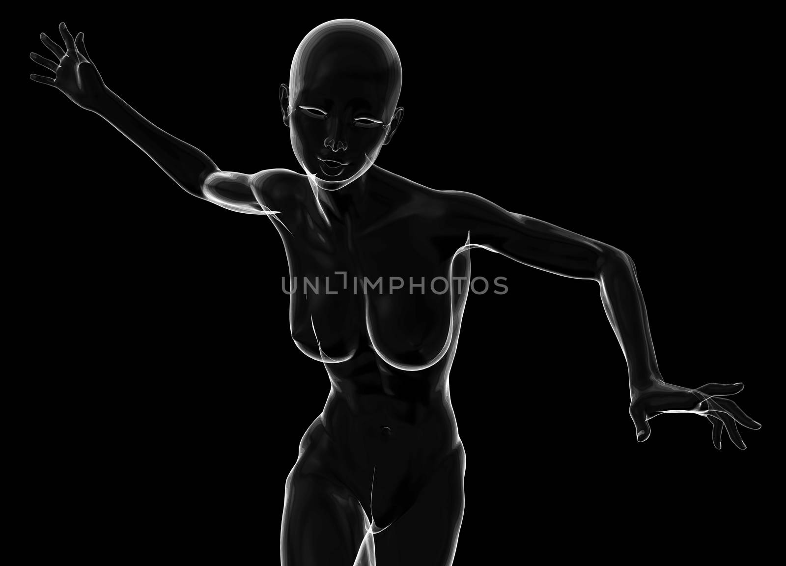 Slim attractive sportswoman made of glass or soap bubble running against a black background. 3d illustration.