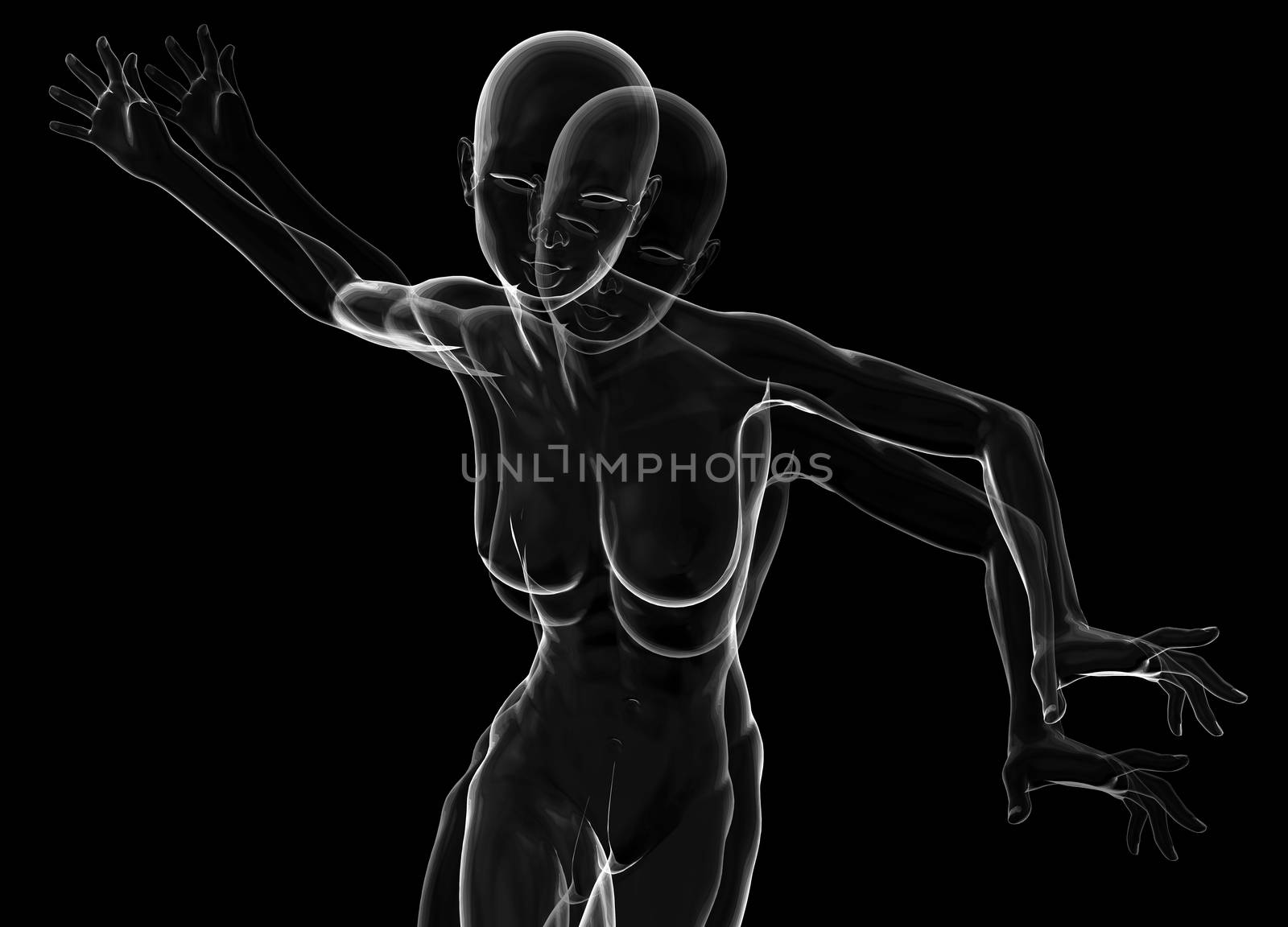 Slim attractive sportswoman made of glass or soap bubble running against a black background. 3d illustration by skrotov