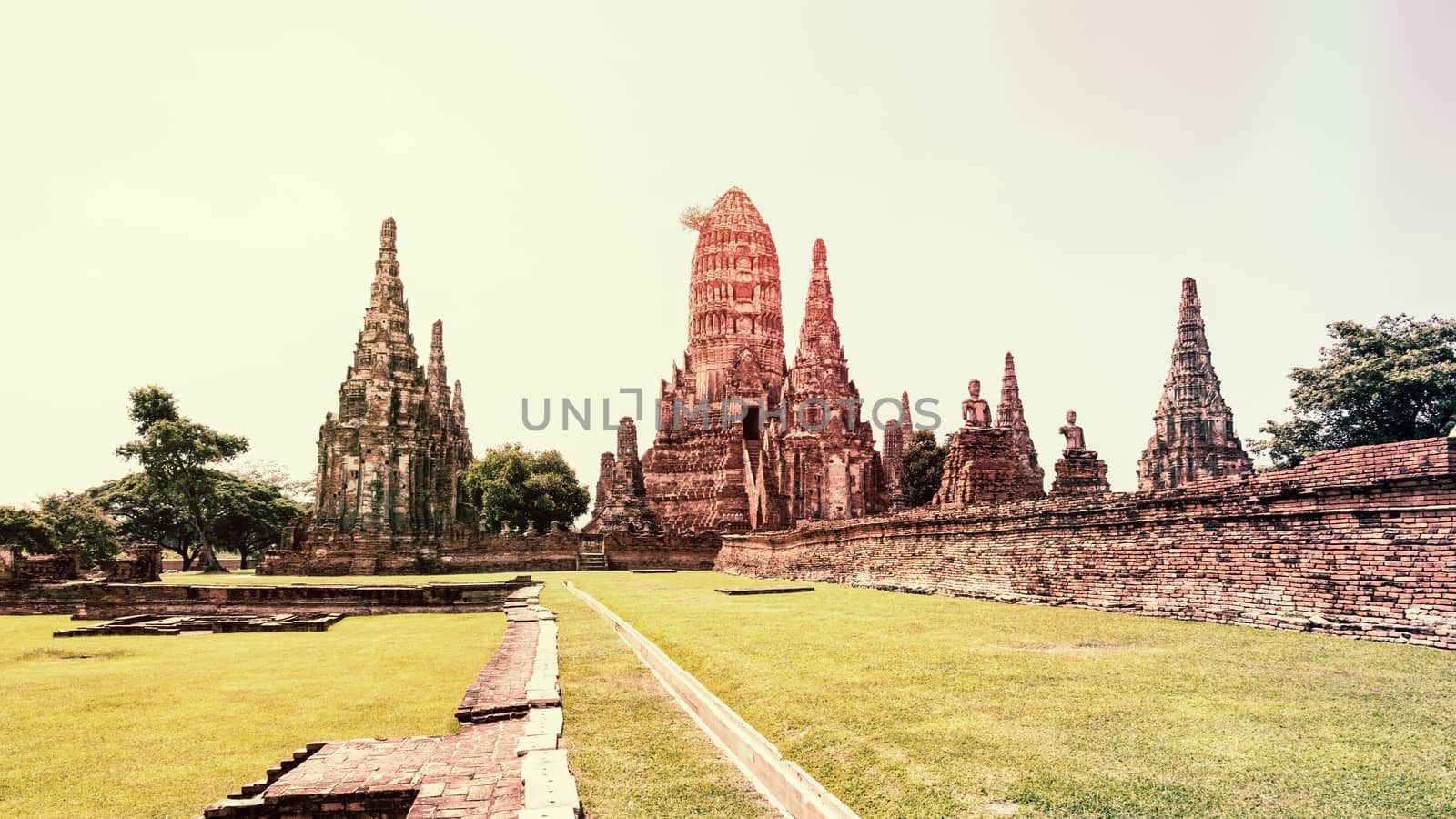 Vintage style, Wat Chaiwatthanaram is ancient buddhist temple, famous and major tourist attraction religious of Ayutthaya Historical Park in Phra Nakhon Si Ayutthaya Province, Thailand, 16:9 widescreen