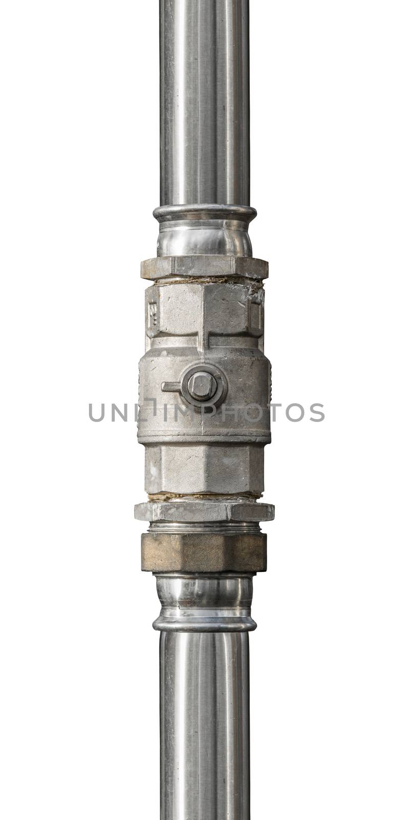 Industrial Image Of An Isolated Stainless Steel Plumbing Pipe With Valve On A White Background