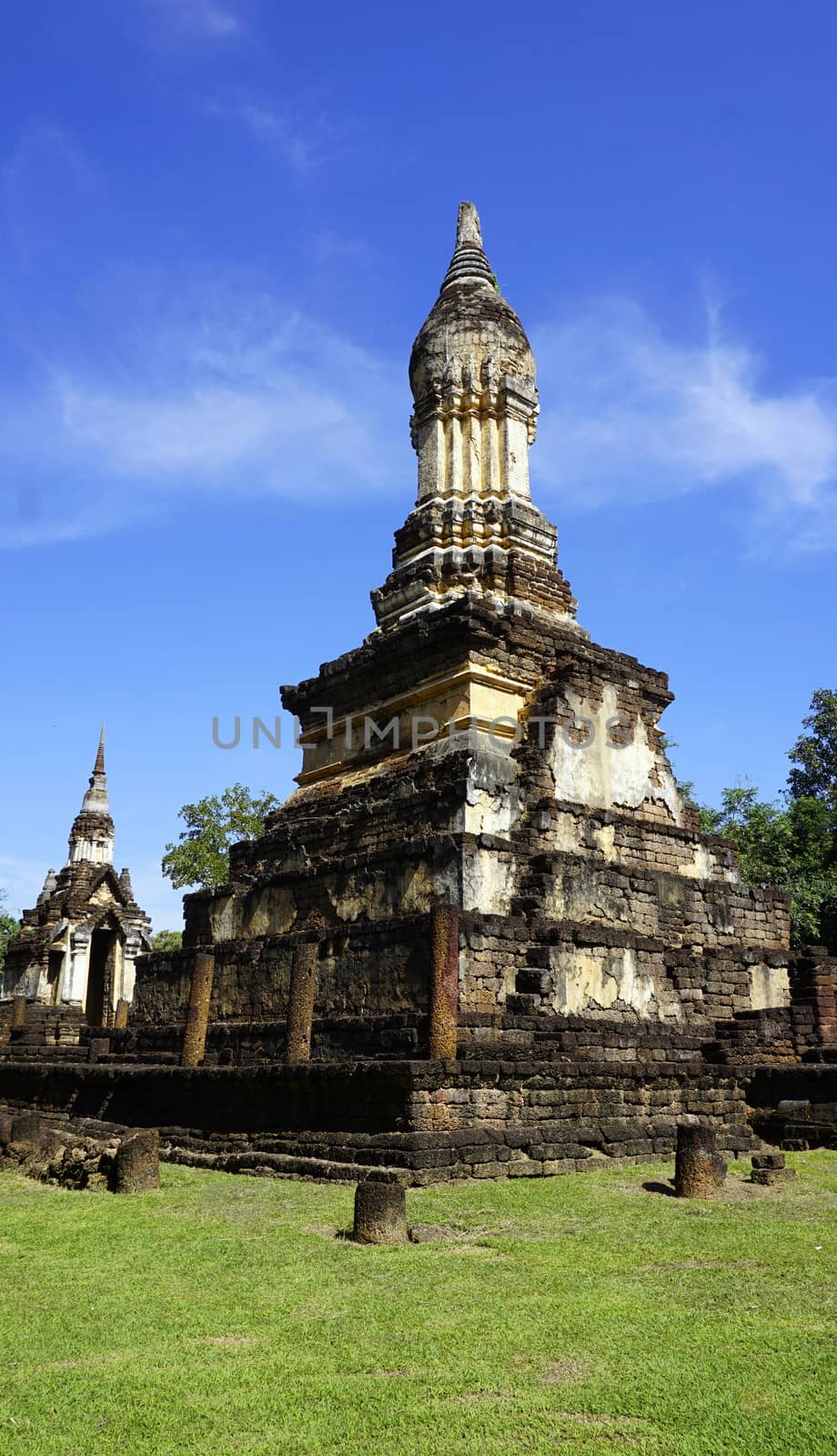 closeup Pagoda Wat chedi seven rows temple in Sukhothai Thailand