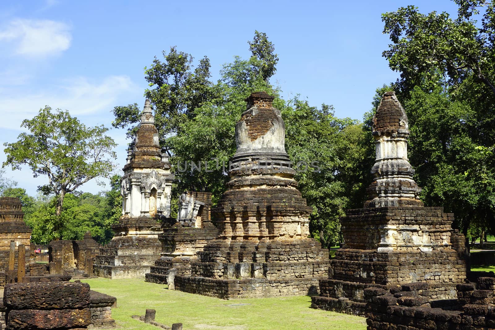 Historical Pagoda Wat chedi seven rows temple in Sukhothai world heritage