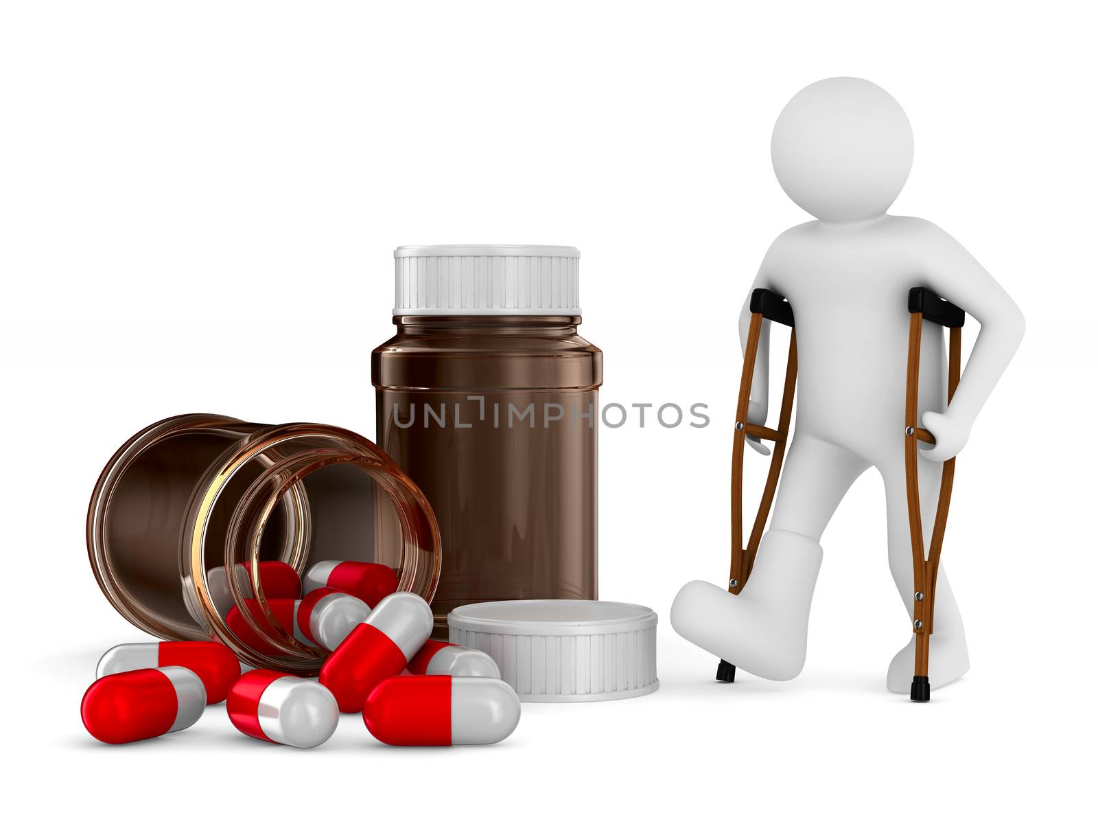 man on crutches on white background. Isolated 3D image by ISerg
