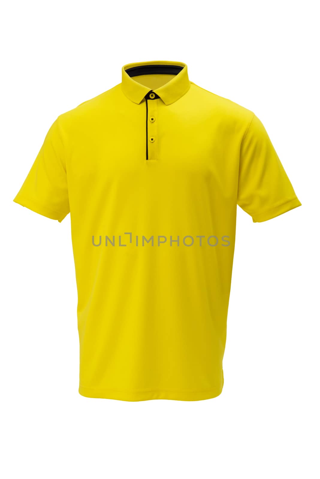 Yellow with black trim golf  tee shirt for man or woman on white background