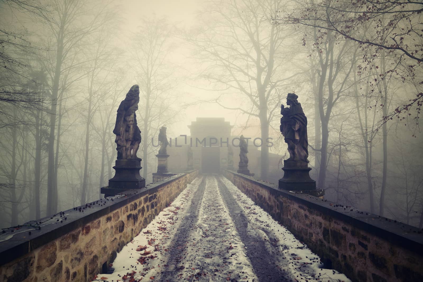 baroque statue in front of hruba skala in czech republic