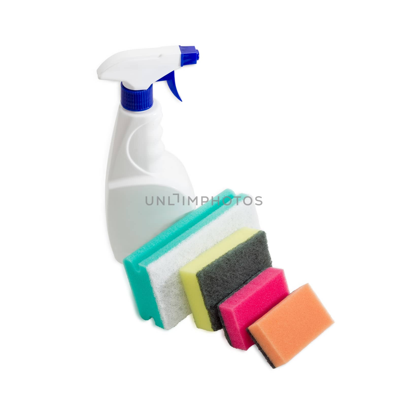 Various cleaning sponges and spray bottle of cleaning agent by anmbph