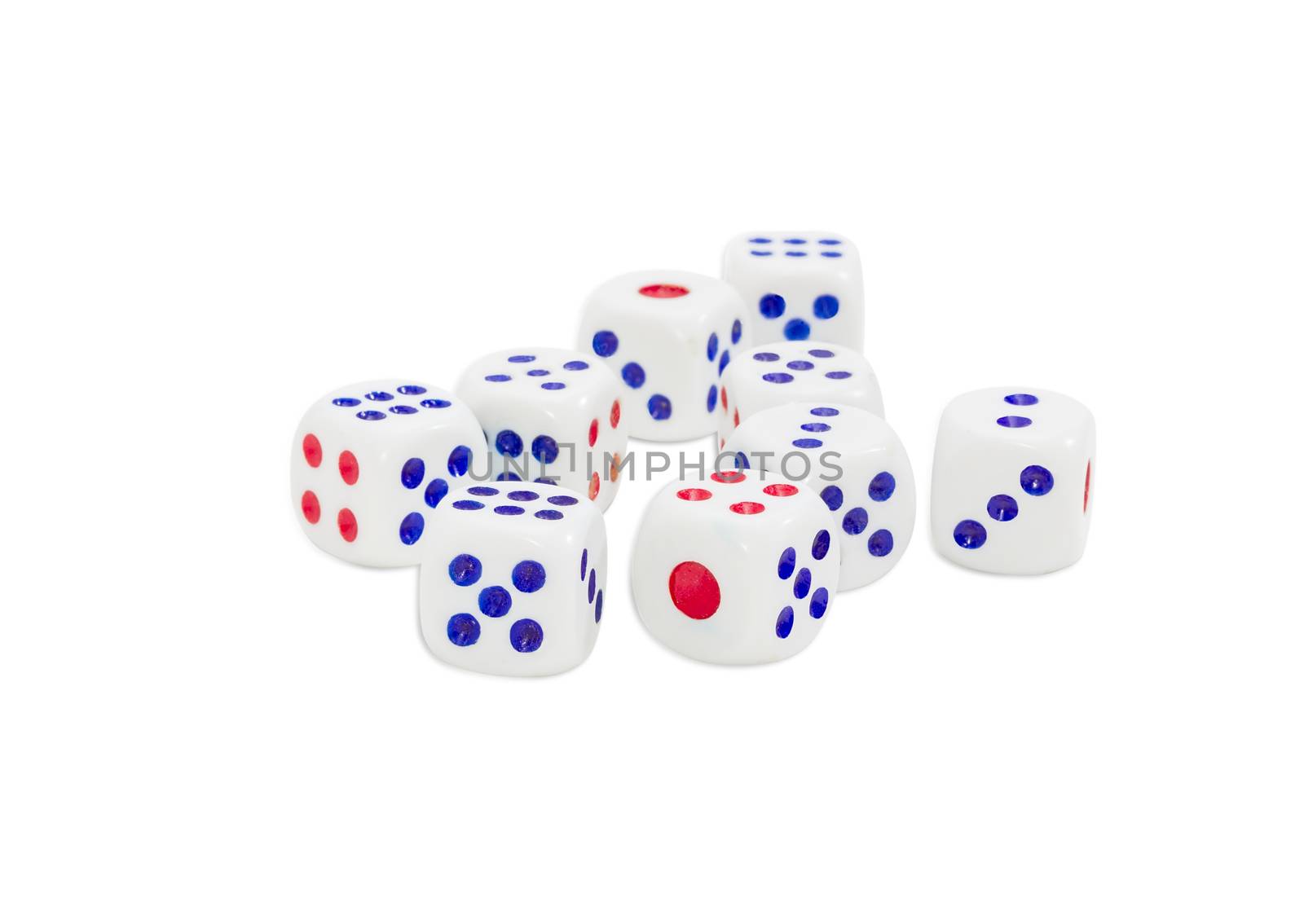 Standard plastic white six-sided dice with with red and blue dots and rounded corners on a light background
