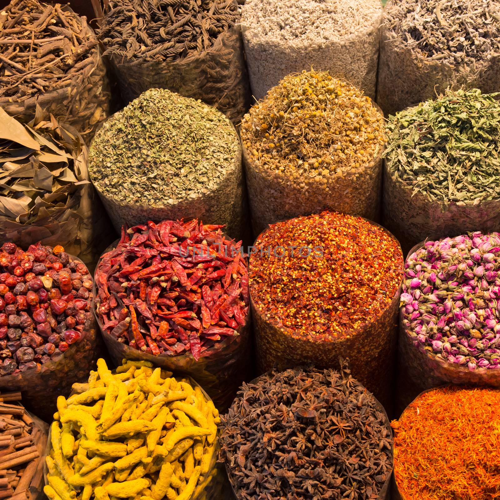 Spices and herbs being sold on street stal at Morocco traditional market.
