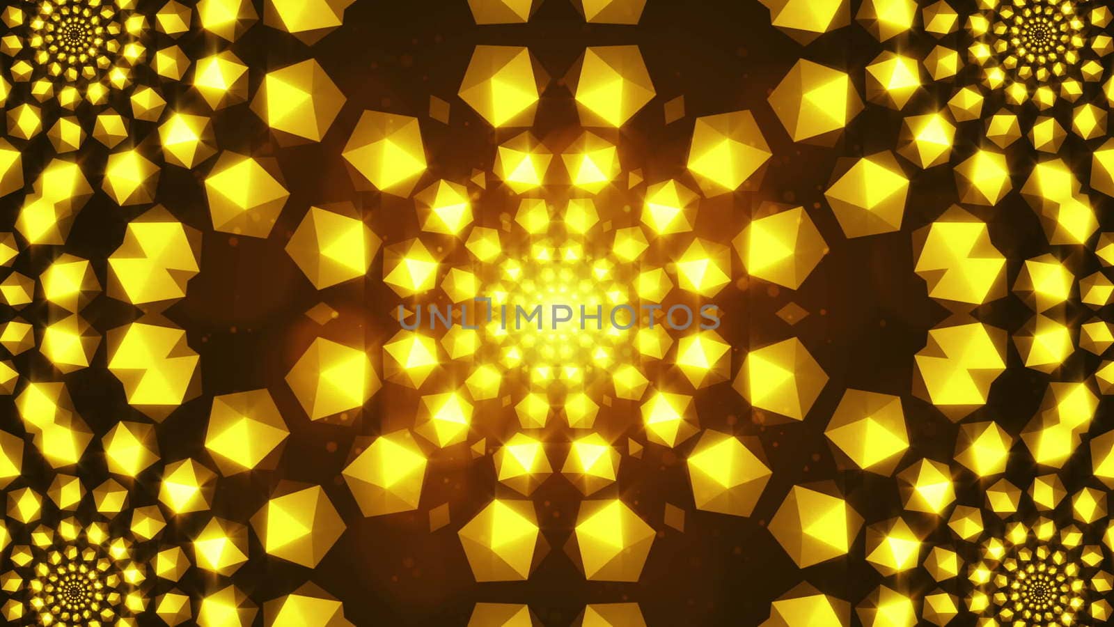 Flickering gold elements form tunnel. 3D rendered by nolimit046