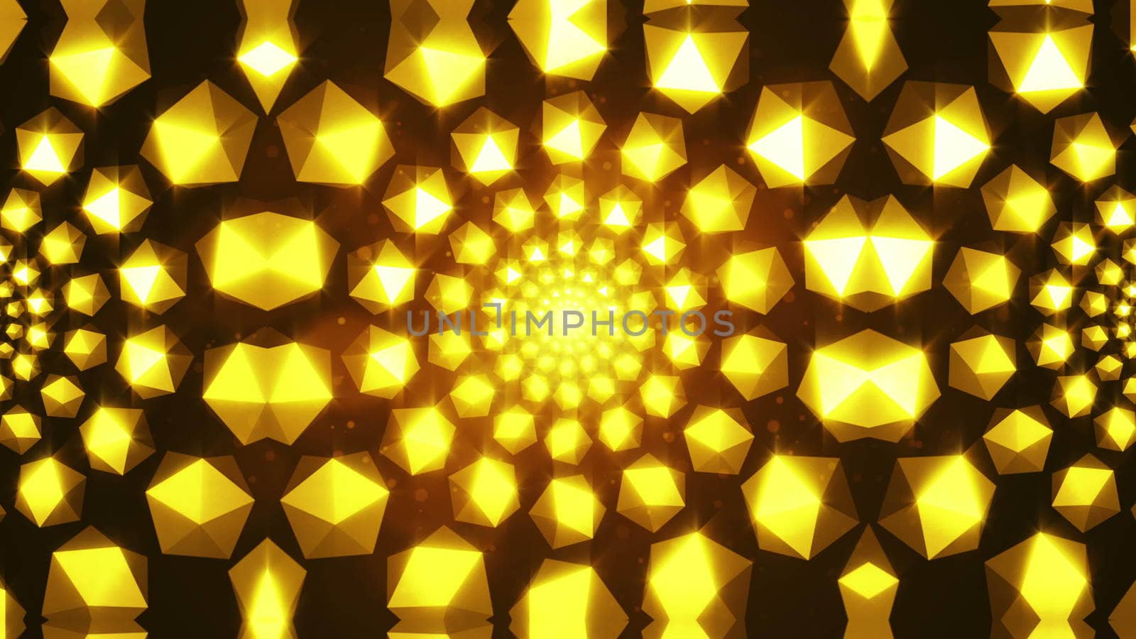 Flickering gold elements form tunnel. 3D rendered by nolimit046