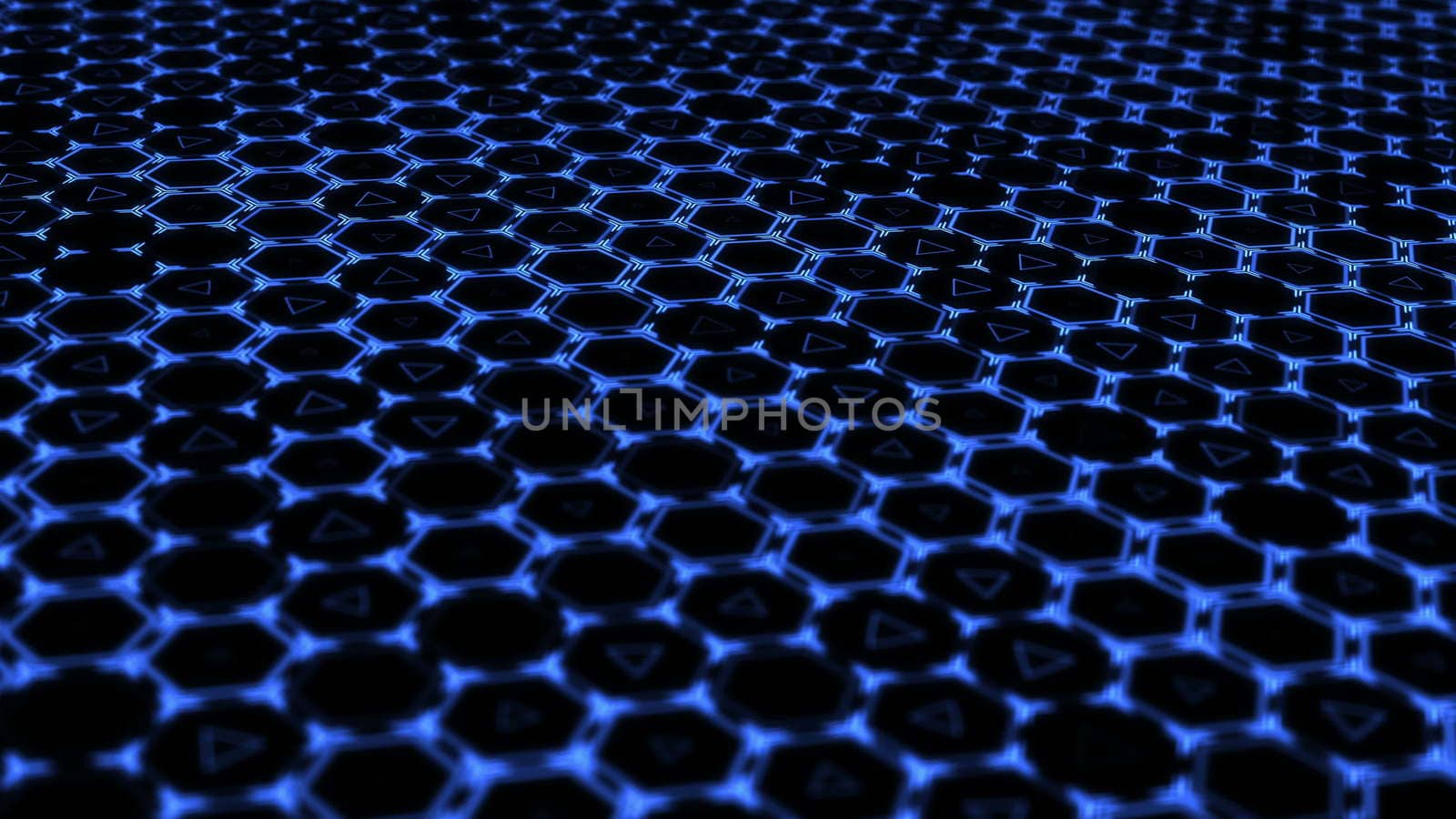 Hexagon technology background with depth of field. 3D rendered