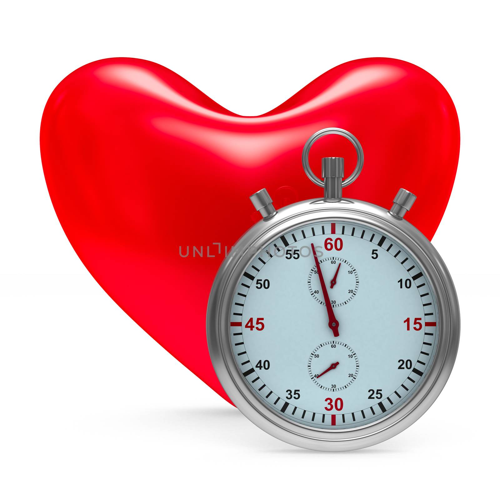 heart and stop watch on white background. Isolated 3D image