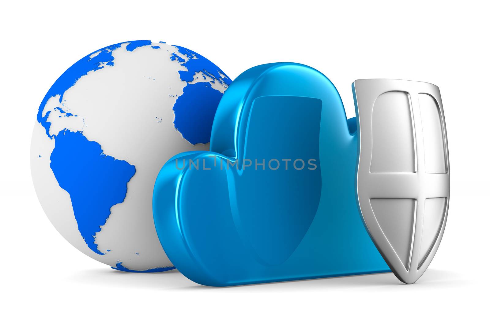 Cloud with shield on white background. Isolated 3D image