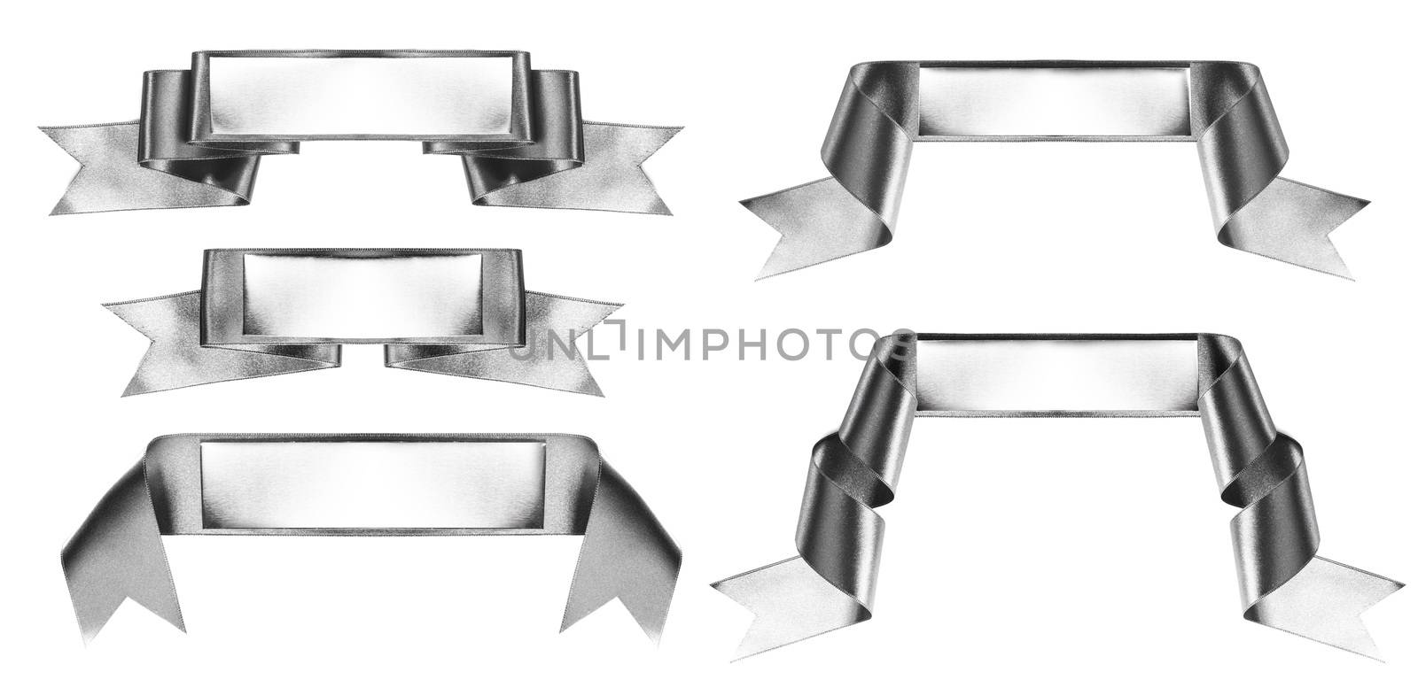 Silver banners with metal plates with copy space for text isolated on white background