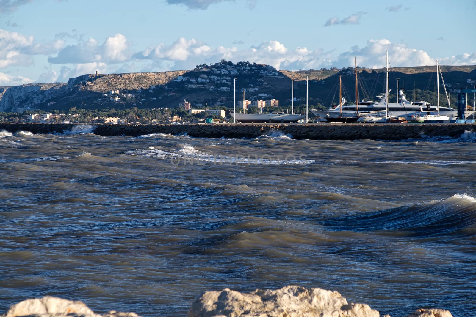 Harbor in Dénia, Spain on a windy day