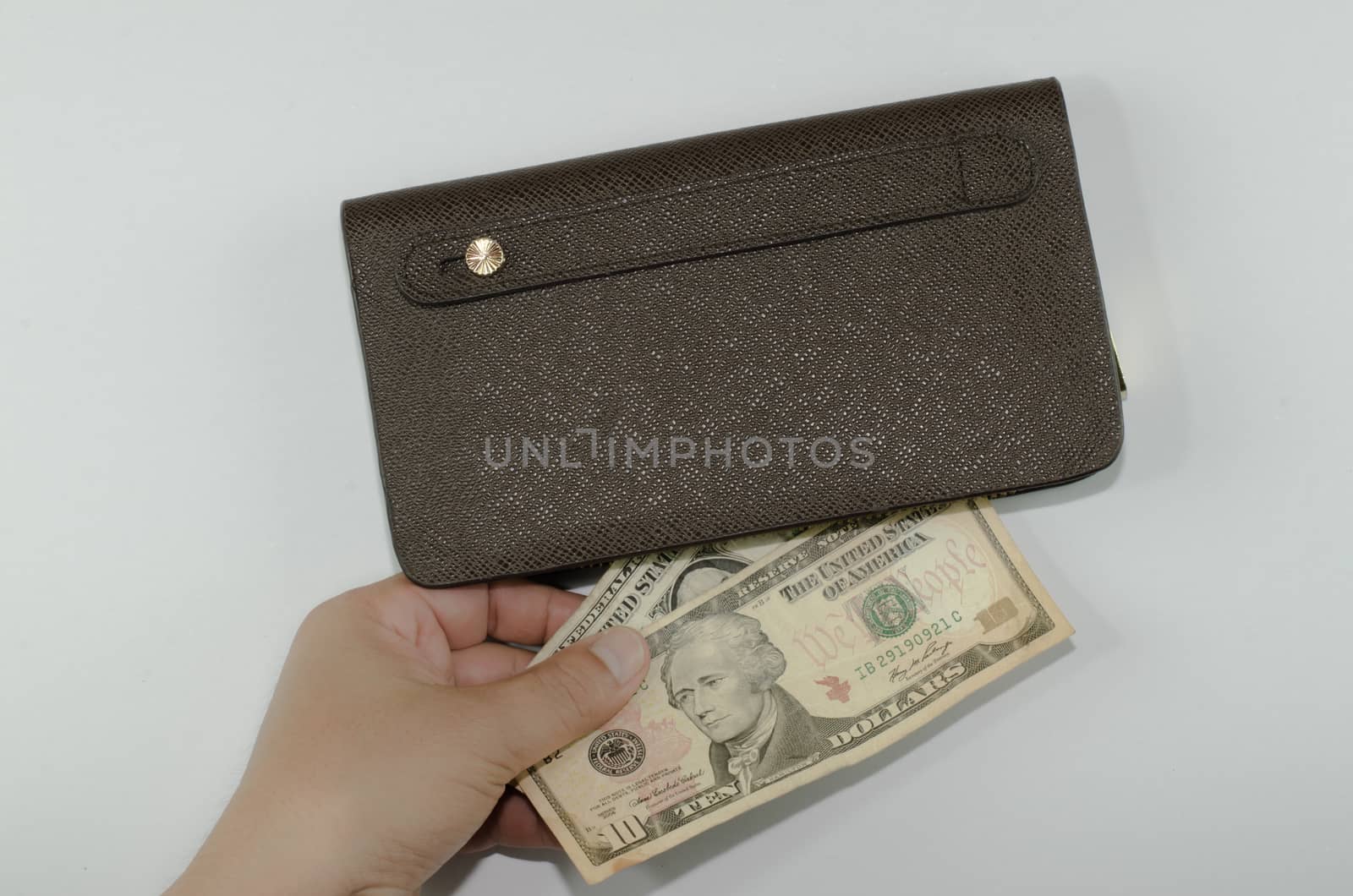 Handle brown man purse dollar isolated on white background