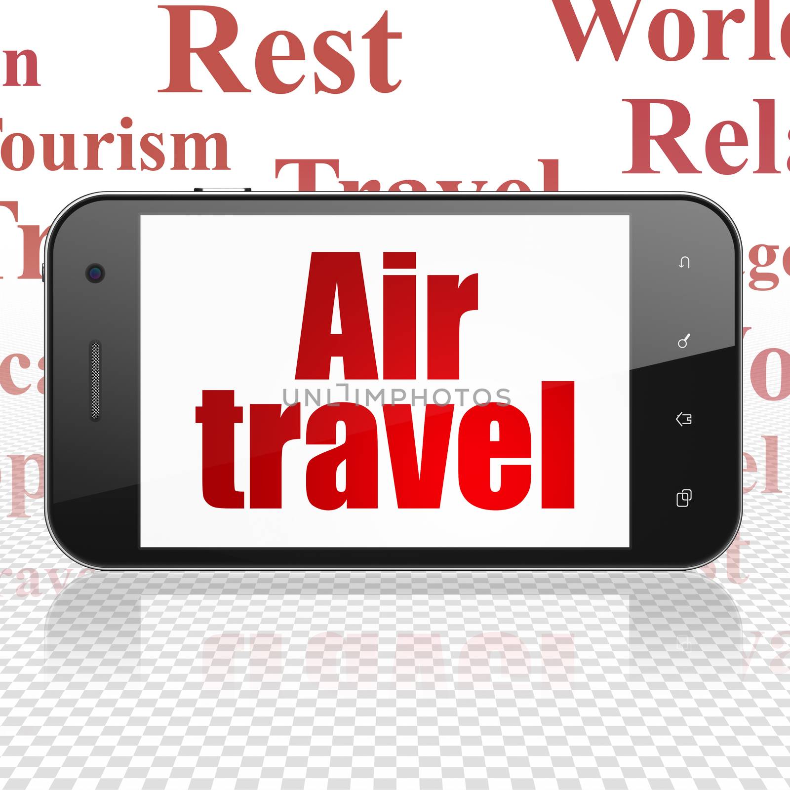 Vacation concept: Smartphone with  red text Air Travel on display,  Tag Cloud background, 3D rendering