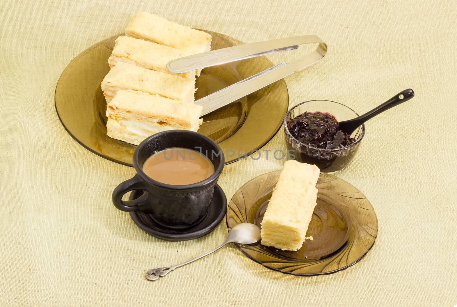 Flaky sponge cake, coffee with milk, jam by anmbph