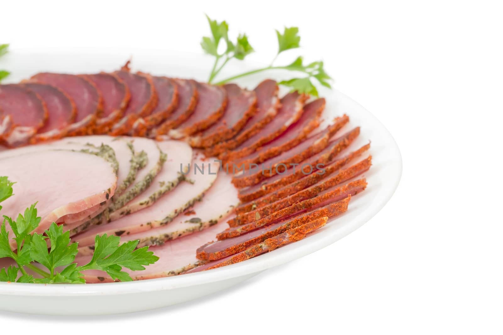 Fragment of dish with sliced dried pork tenderloin and ham by anmbph