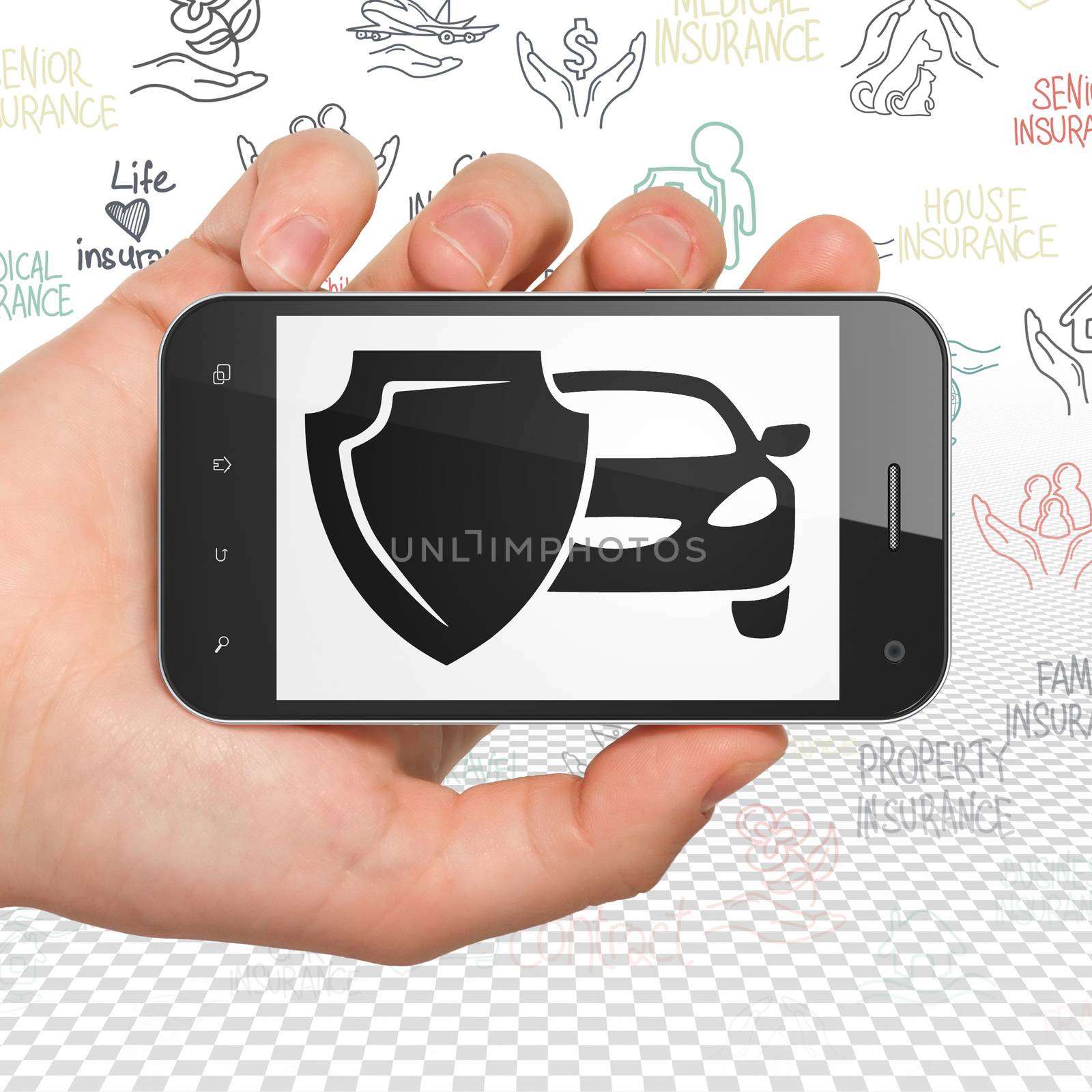 Insurance concept: Hand Holding Smartphone with  black Car And Shield icon on display,  Hand Drawn Insurance Icons background, 3D rendering