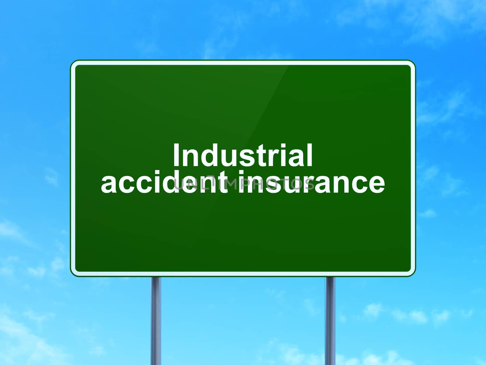 Insurance concept: Industrial Accident Insurance on green road highway sign, clear blue sky background, 3D rendering