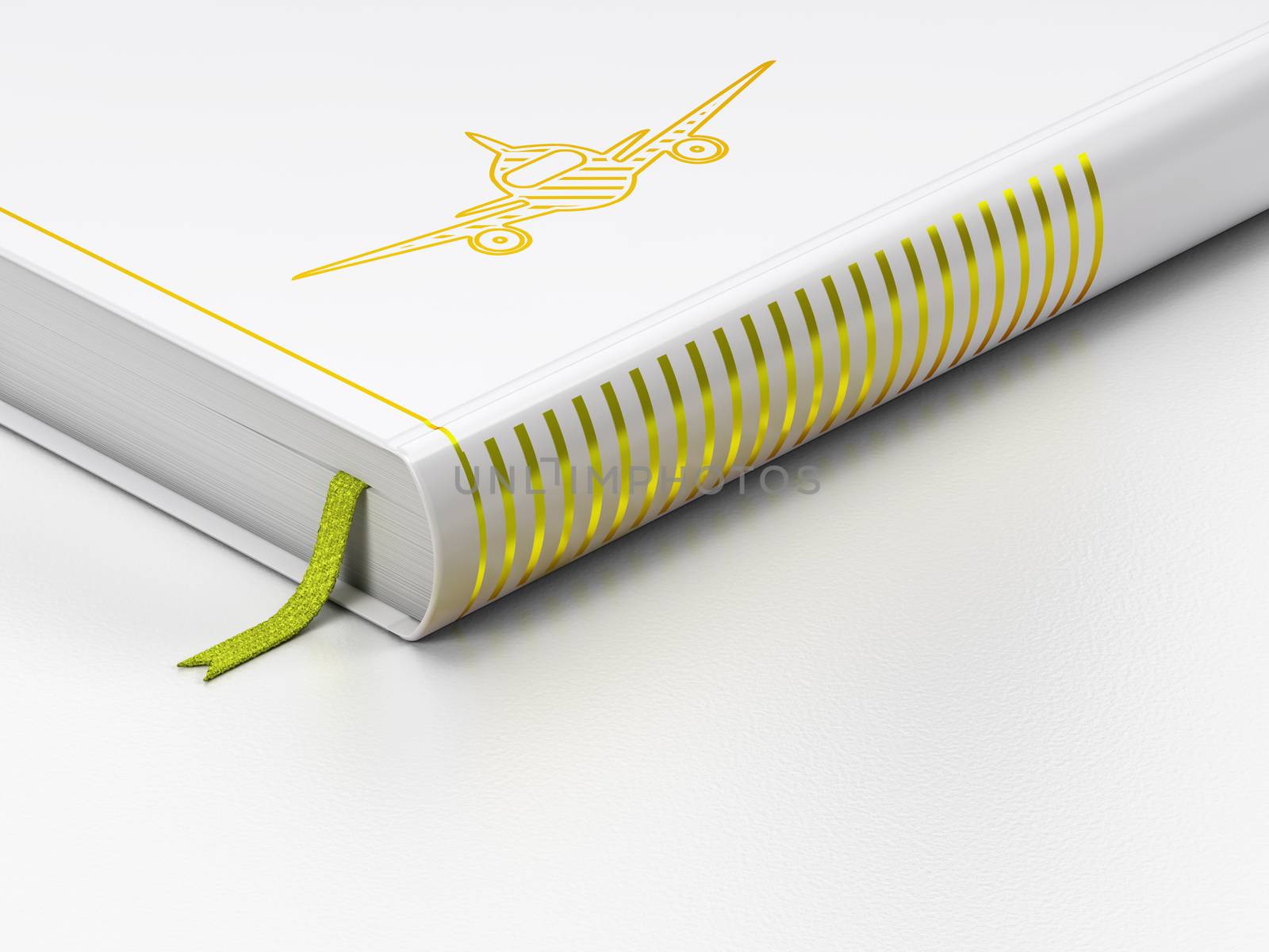 Vacation concept: closed book with Gold Aircraft icon on floor, white background, 3D rendering