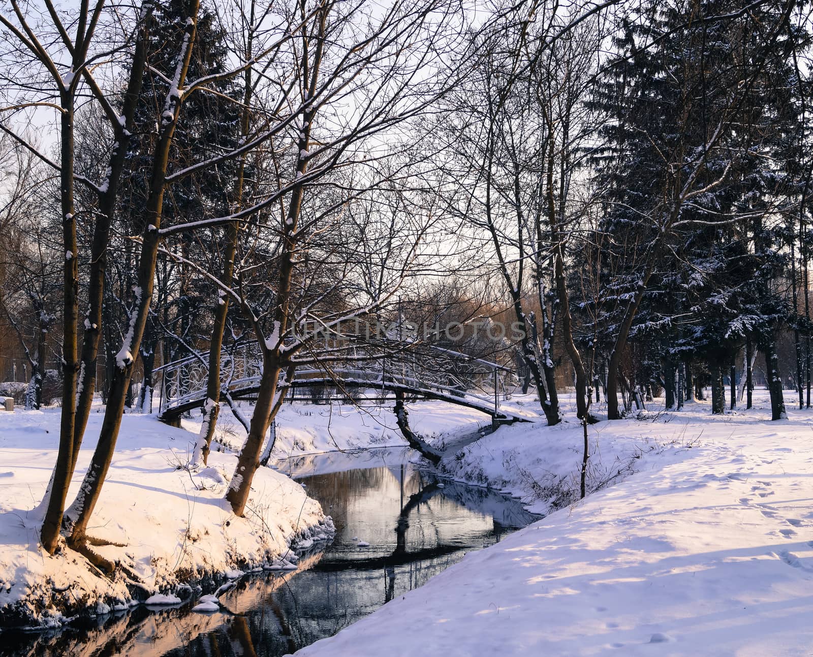 beautiful winter landscape in the Park river bridge by Oleczka11