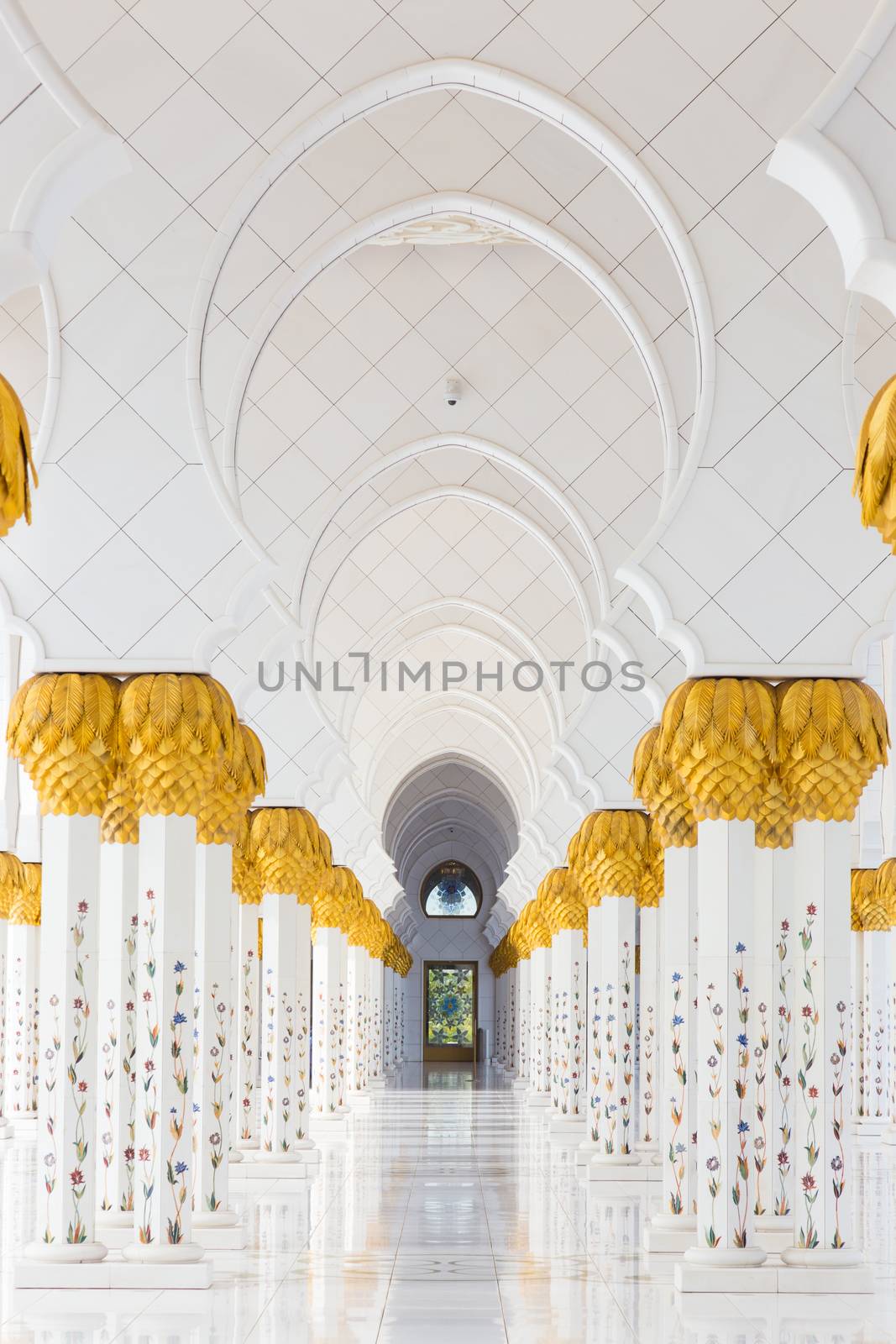 Artistic hallway of Sheikh Zayed Grand Mosque in Abu Dhabi, United Arab Emirates.