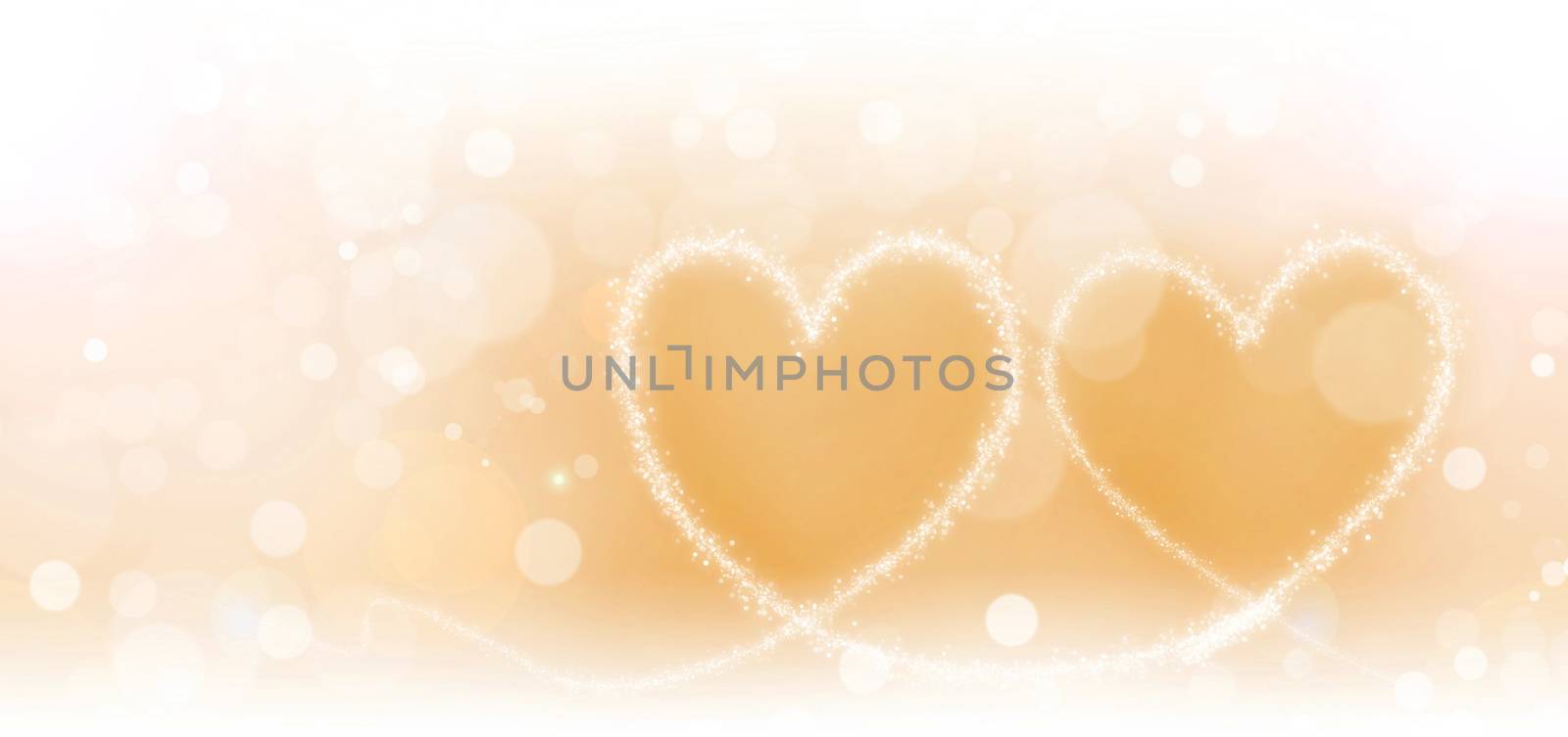 Two magic hearts of glowing lights on golden background