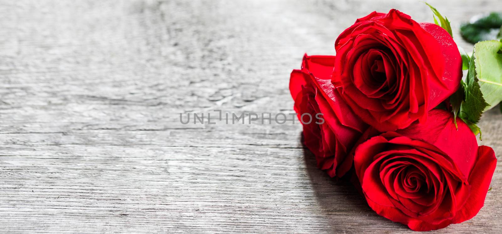 Three beautiful red roses on aged wooden background