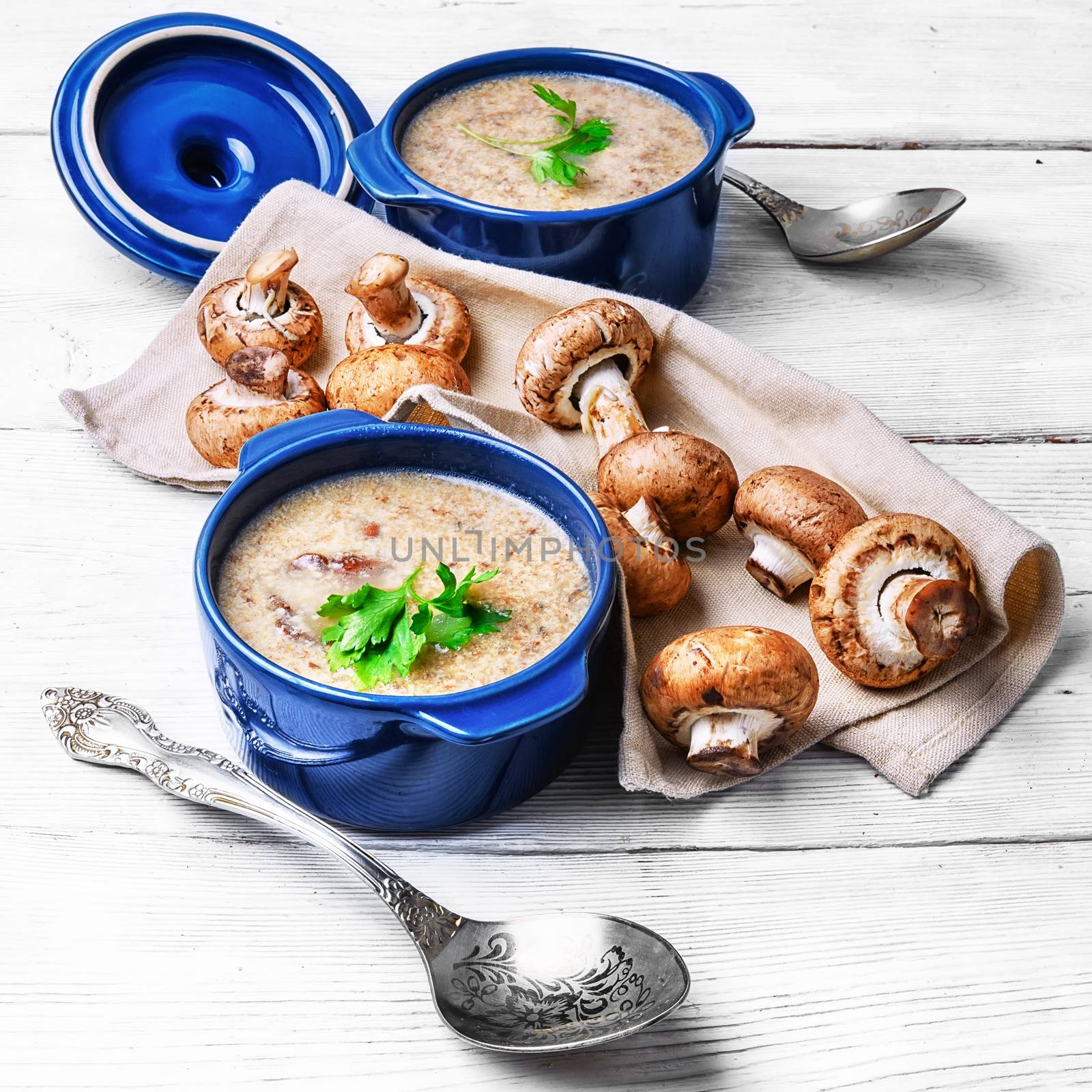 delicious seasonal vegetarian soup with chanterelle mushrooms