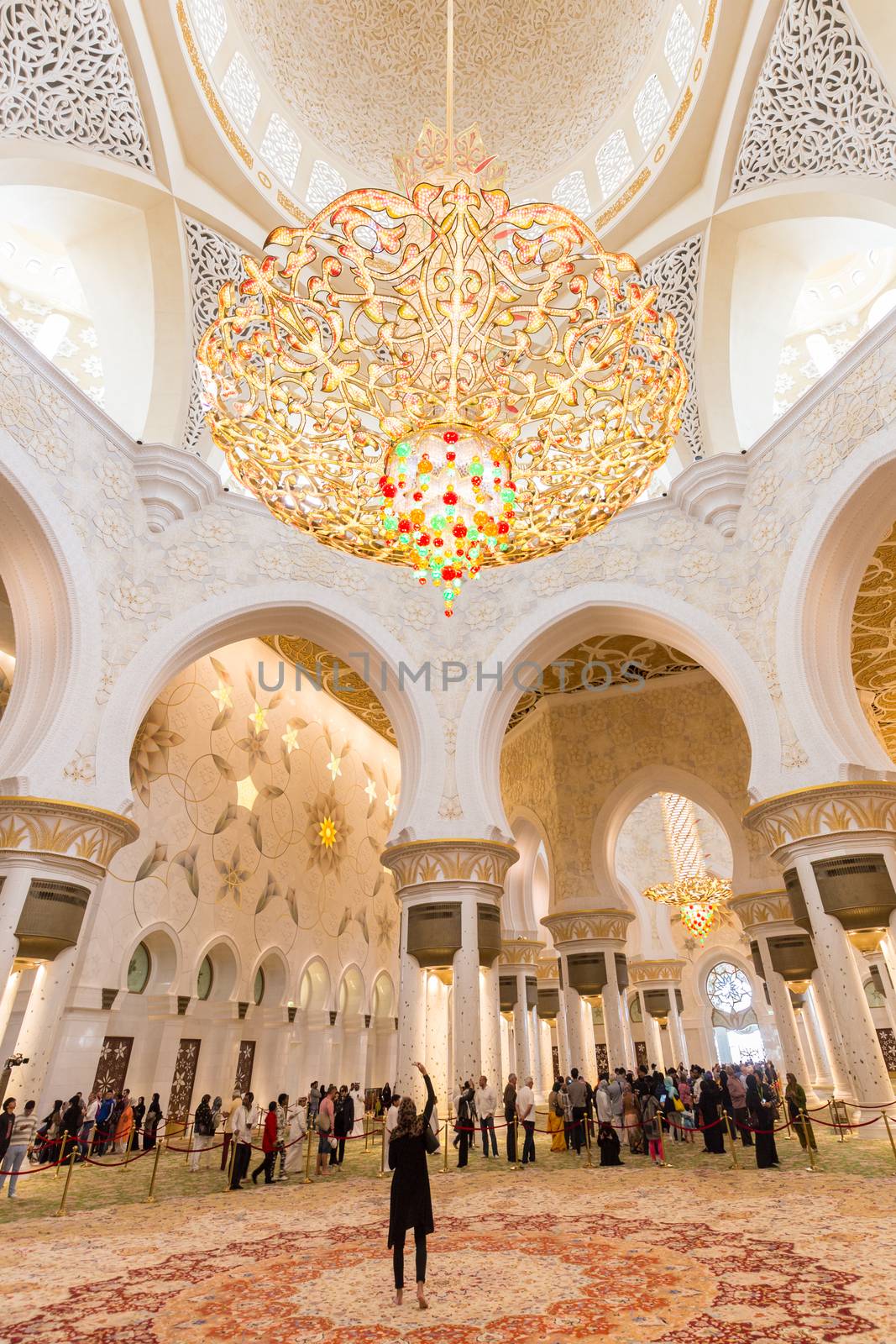 Abu Dhabi, UAE - Jan 30: Magnificent interior of Sheikh Zayed Grand Mosque on January 30th 2016 in Abu Dhabi. It is the largest mosque in UAE and the eighth largest mosque in the world.