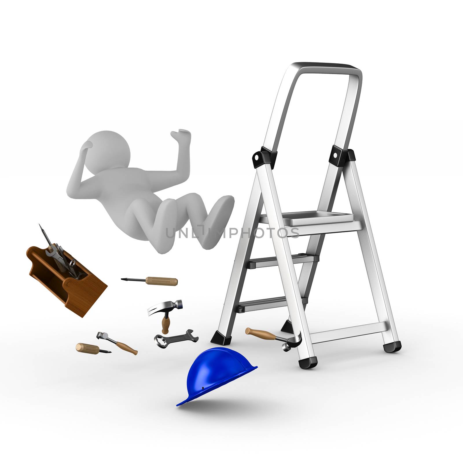 man falls from ladder on white background. Isolated 3D image by ISerg
