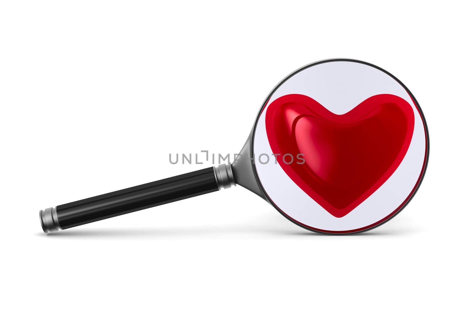 Magnifier and heart on white background. Isolated 3D image