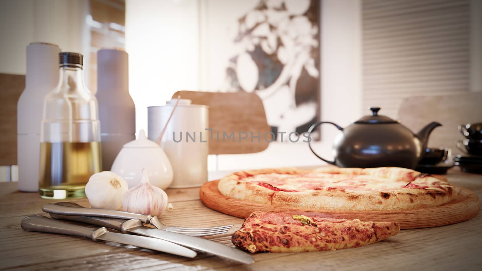 Hot pizza slice with melting cheese on a rustic wooden table close up photo by denisgo